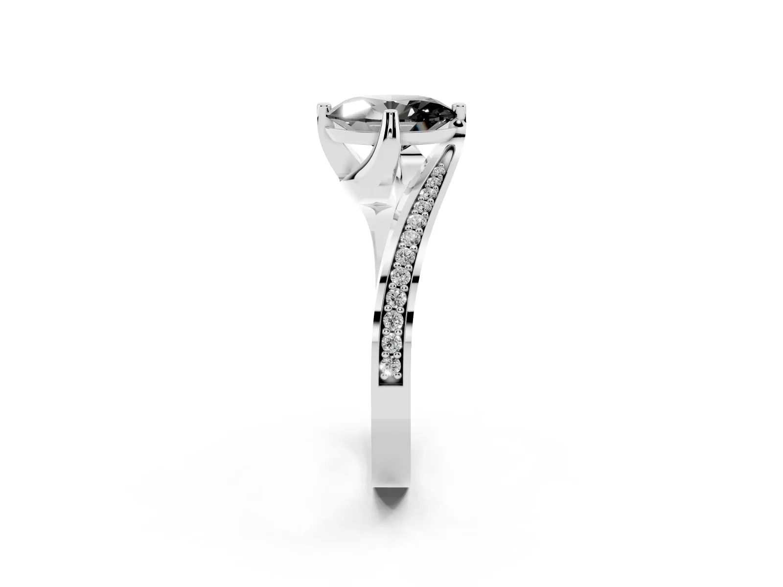 Fancy Black Oval Cut Solitaire Diamond Twist Band with Pavé Setting and Four-Prong Setting Platinum