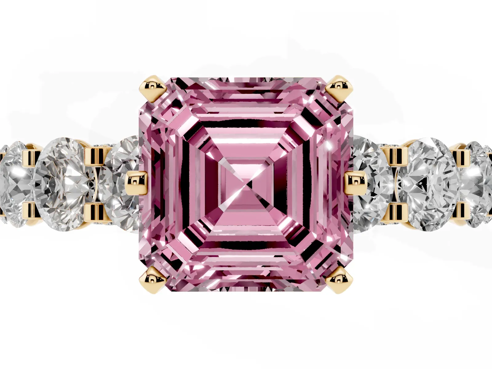 Fancy Pink Asscher Cut Diamond Side Stone Engagement Ring with Four-Prong Setting Yellow gold