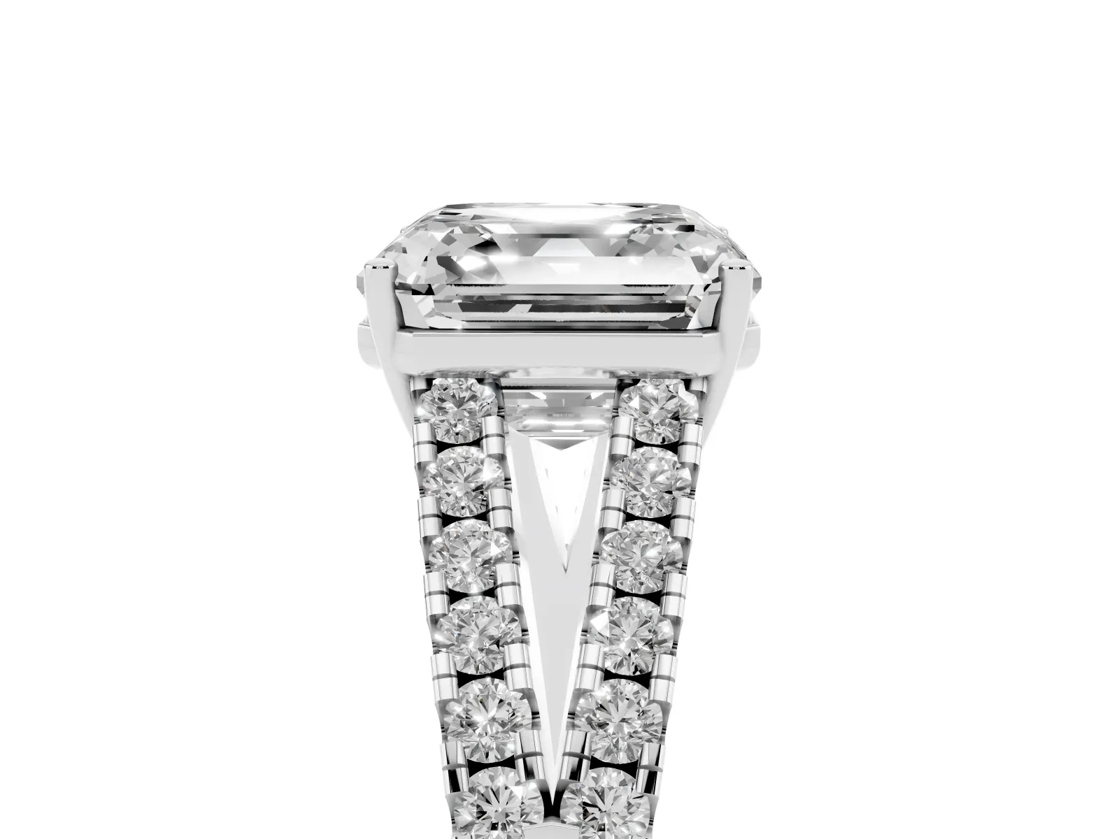 Asscher Cut Diamond Split Shank Engagement Ring with Round Pavé and Prong Setting White gold