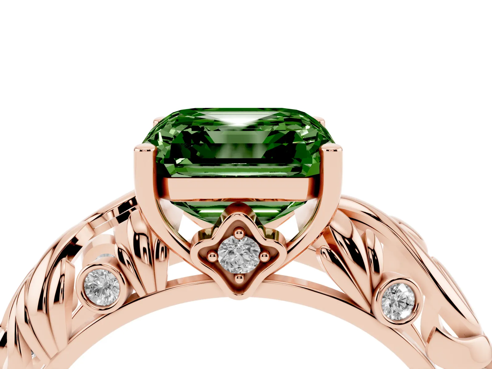 Fancy Green Asscher Cut Solitaire Diamond Leaf-Inspired Vine Band Ring with Prong Setting Rose gold