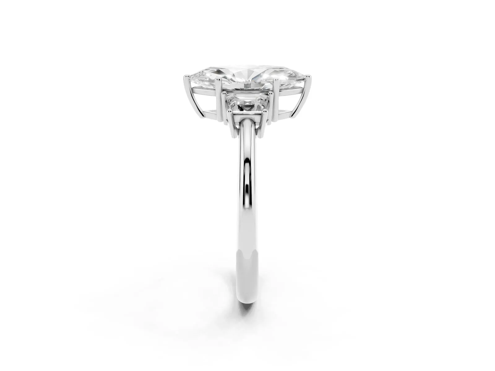 Marquise Cut Diamond Three-Stone Ring with Trapezoid Side Stones and Prong Setting Platinum