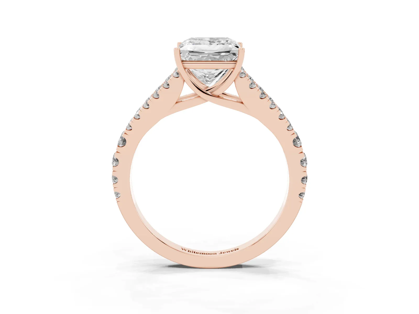 Princess Cut Diamond Split Shank Engagement Ring with Round Pavé and Prong Setting Rose gold