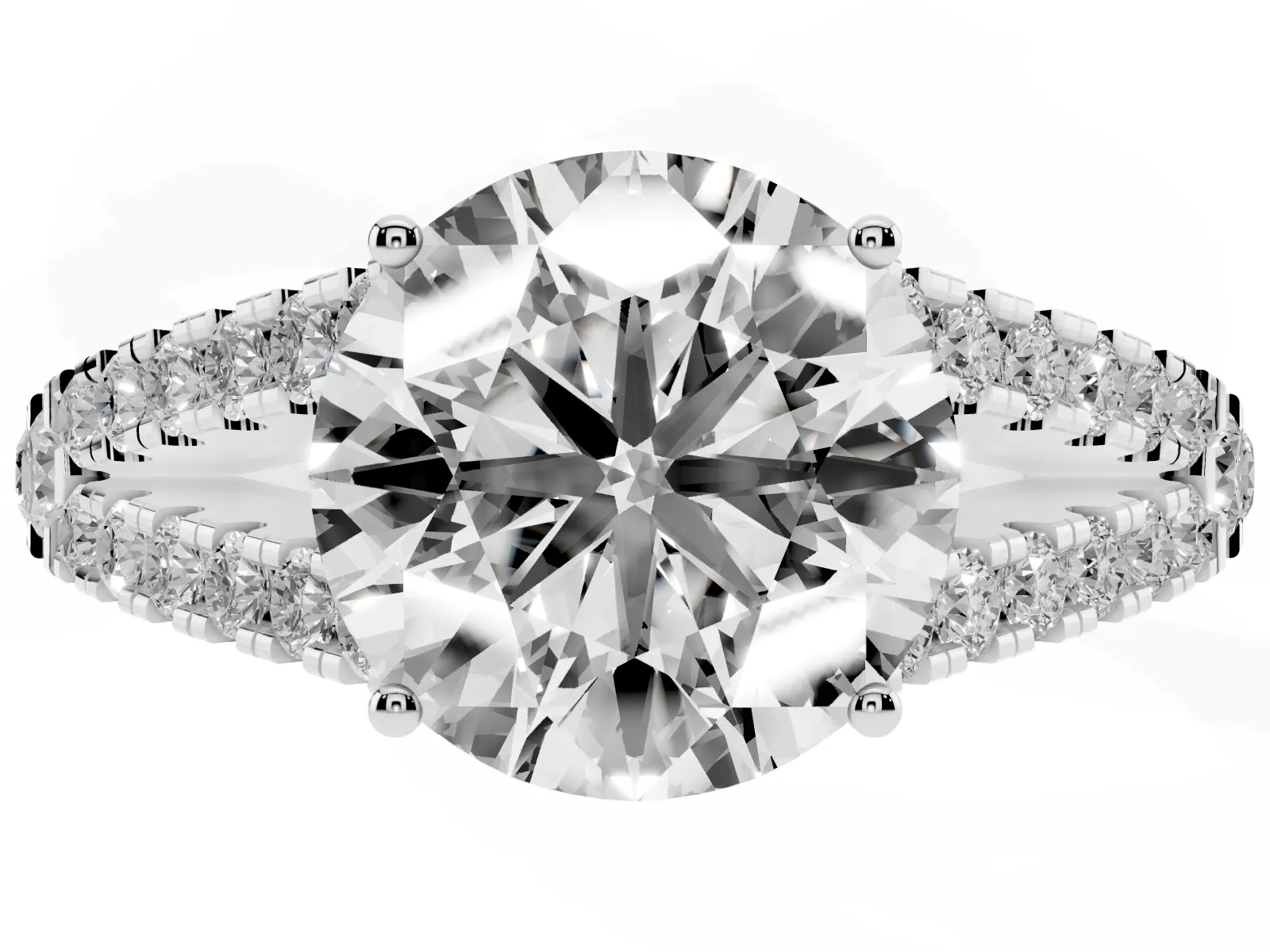Round Cut Diamond Split Shank Engagement Ring with Round Pavé and Prong Setting White gold