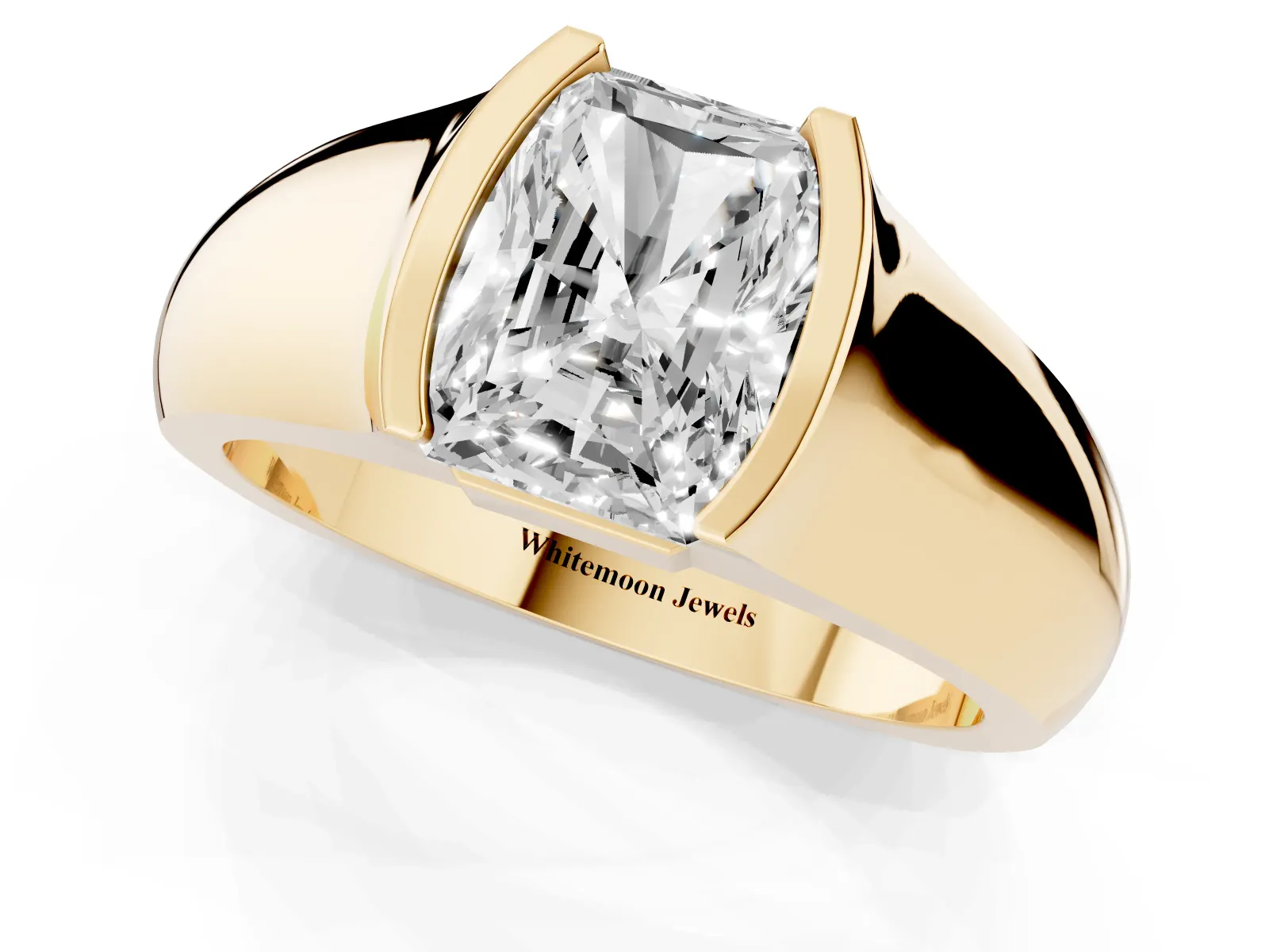 Radiant Cut Solitaire Bezel Set Diamond Ring with Wide Band Yellow gold
