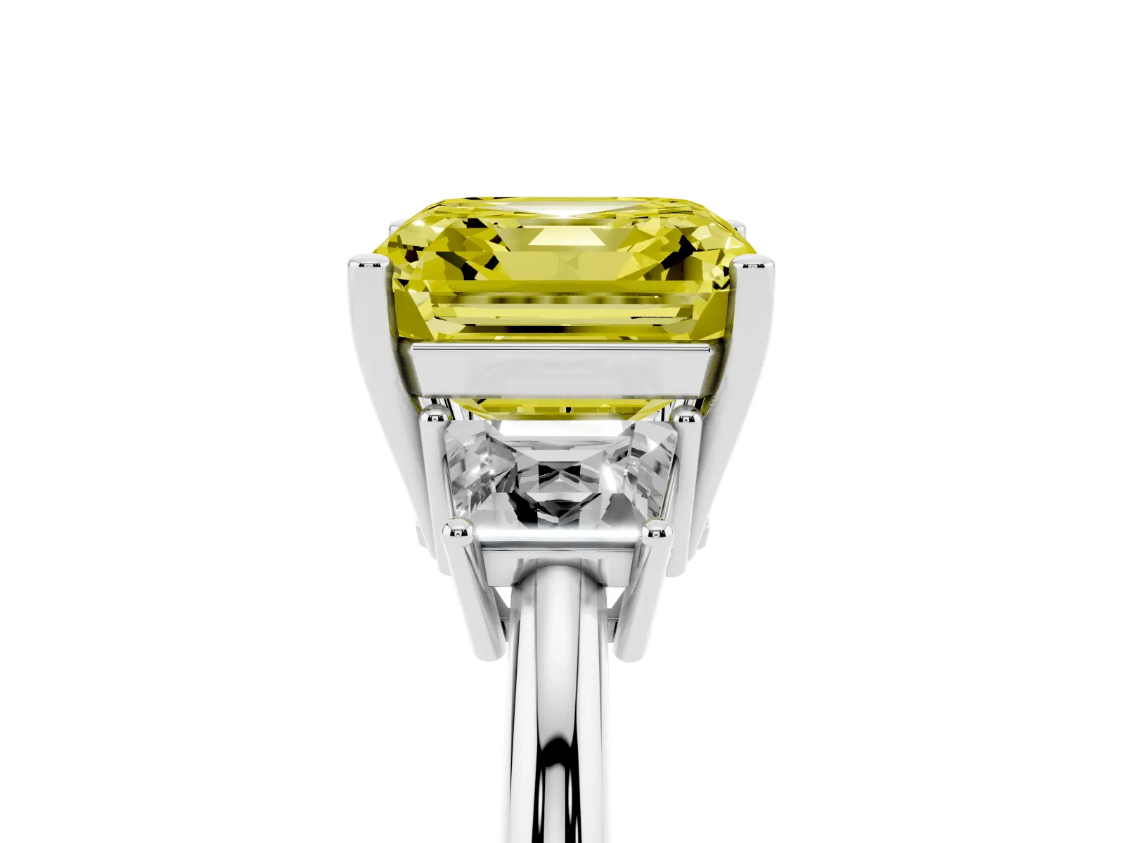 Fancy Yellow Asscher Cut Diamond Three-Stone Ring with Trapezoid Side Stones and Prong Setting White gold