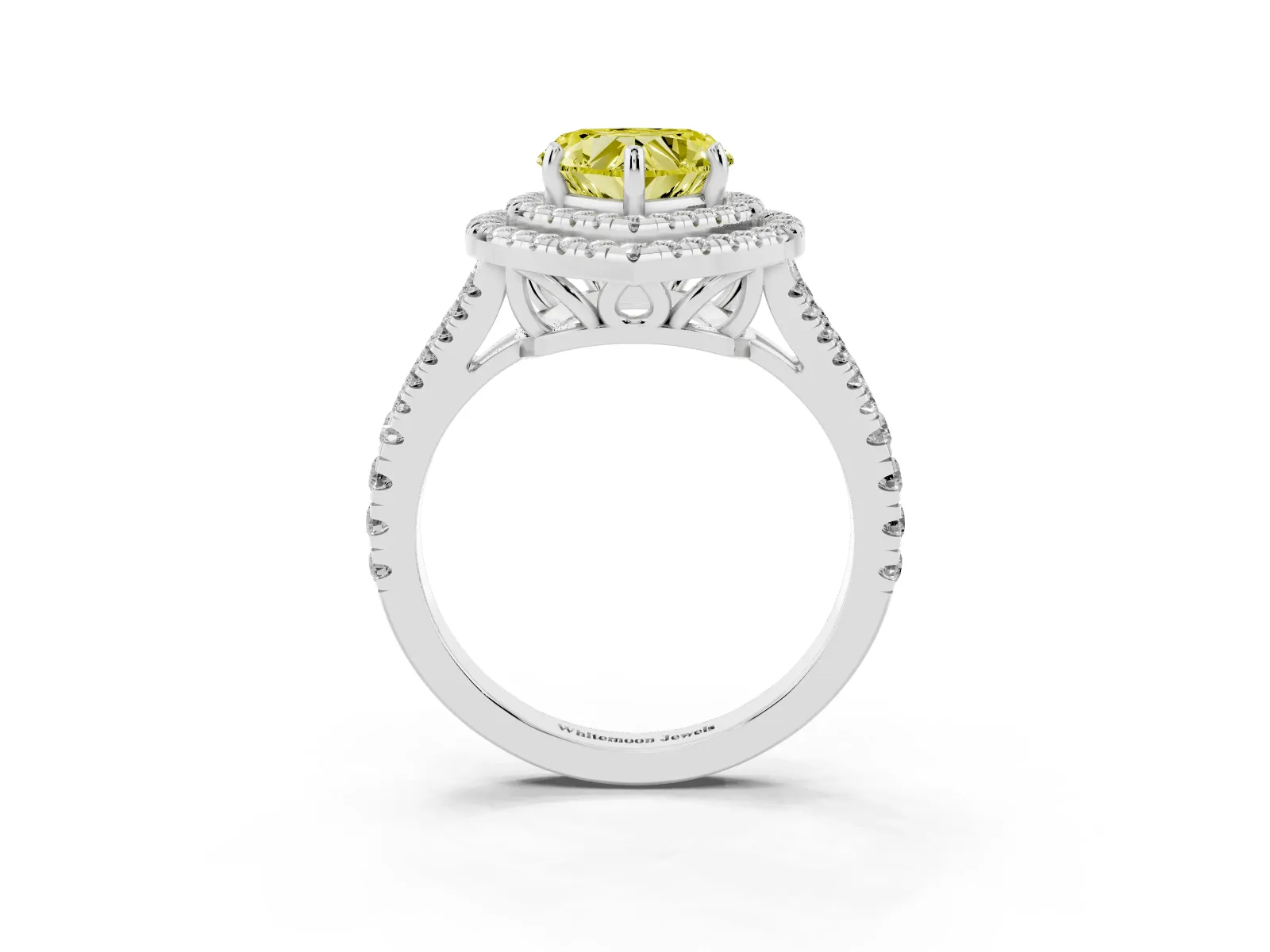 Fancy Yellow Heart Cut Diamond Double Halo Ring with Pavé Band and Prong Setting Platinum
