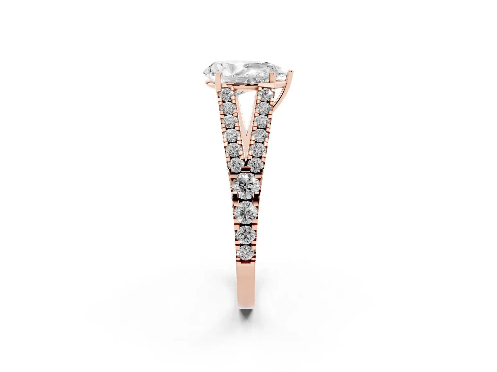 Pear Cut Diamond Split Shank Engagement Ring with Round Pavé and Prong Setting Rose gold