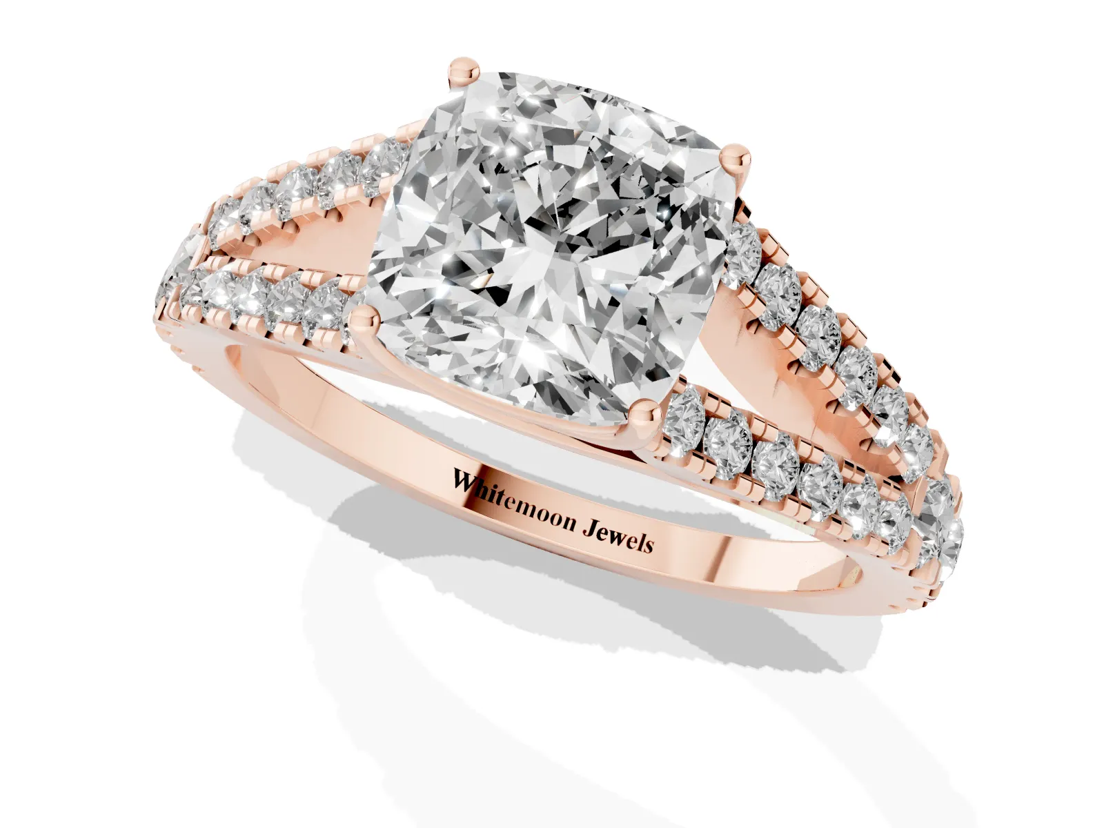 Cushion Cut Diamond Split Shank Engagement Ring with Round Pavé and Prong Setting Rose gold