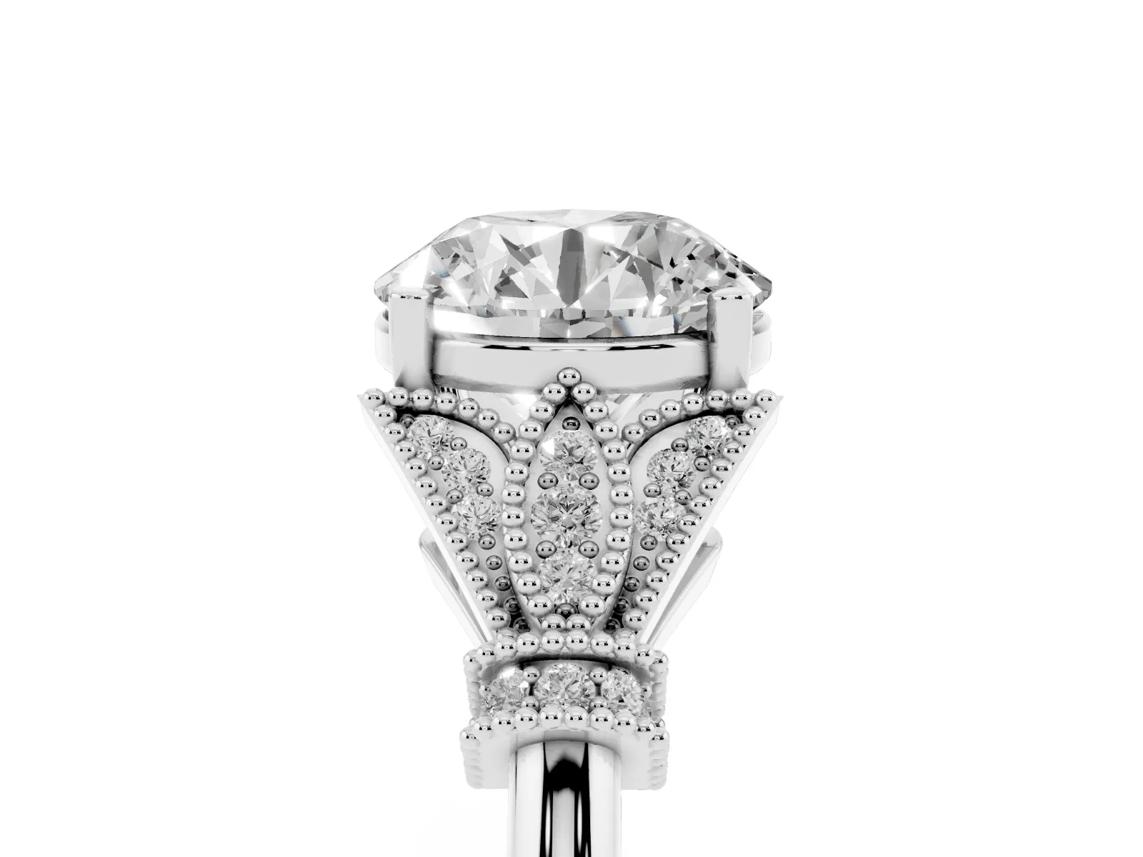 Round Cut Diamond Solitaire Ring with Floral Filigree and Pave Accents Platinum