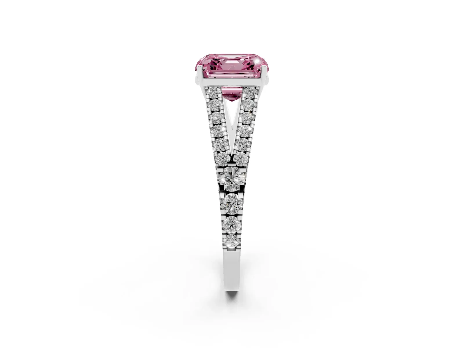 Fancy Pink Asscher Cut Diamond Split Shank Engagement Ring with Round Pavé and Prong Setting White gold