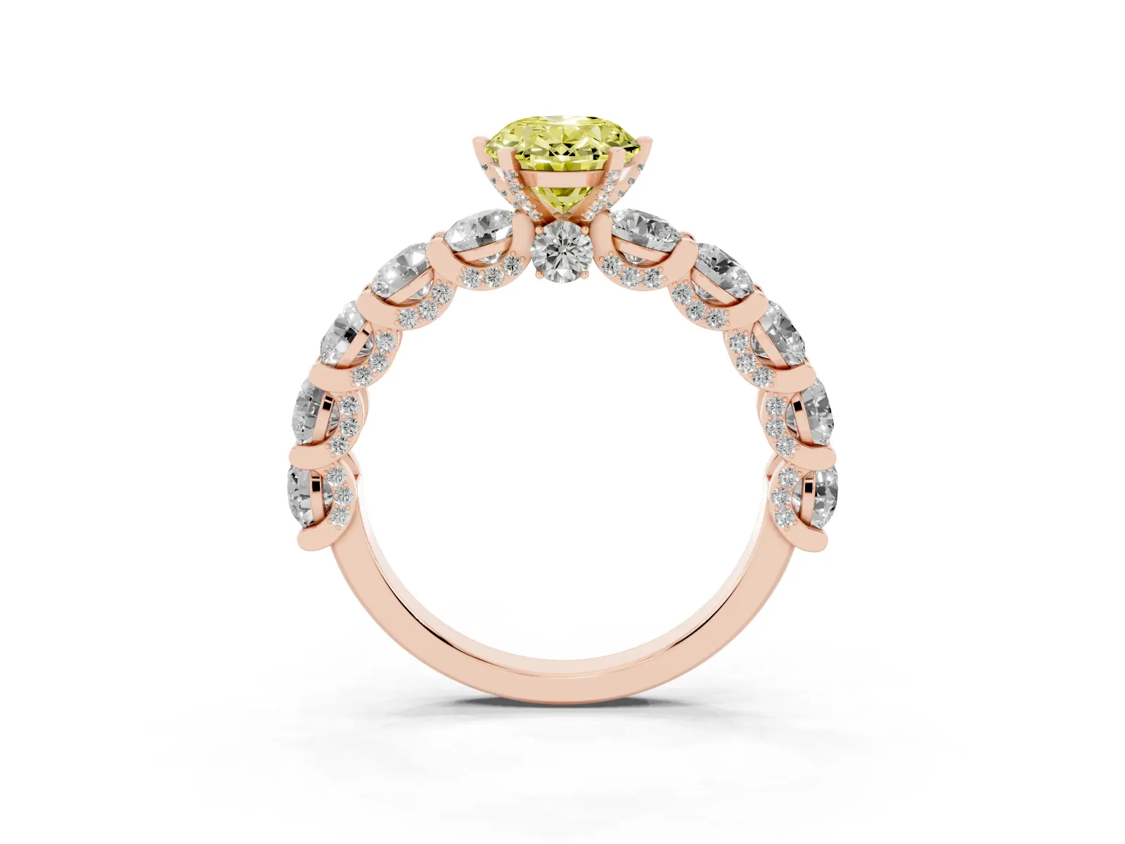 Fancy Yellow Oval Cut Diamond Side Stone Engagement Ring with Four-Prong Setting Rose gold