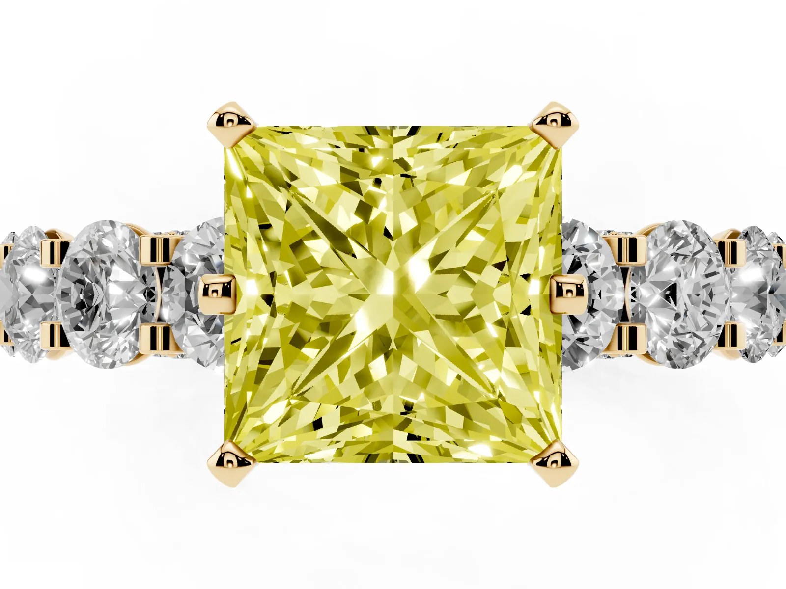 Fancy Yellow Princess Cut Diamond Side Stone Engagement Ring with Four-Prong Setting Yellow gold