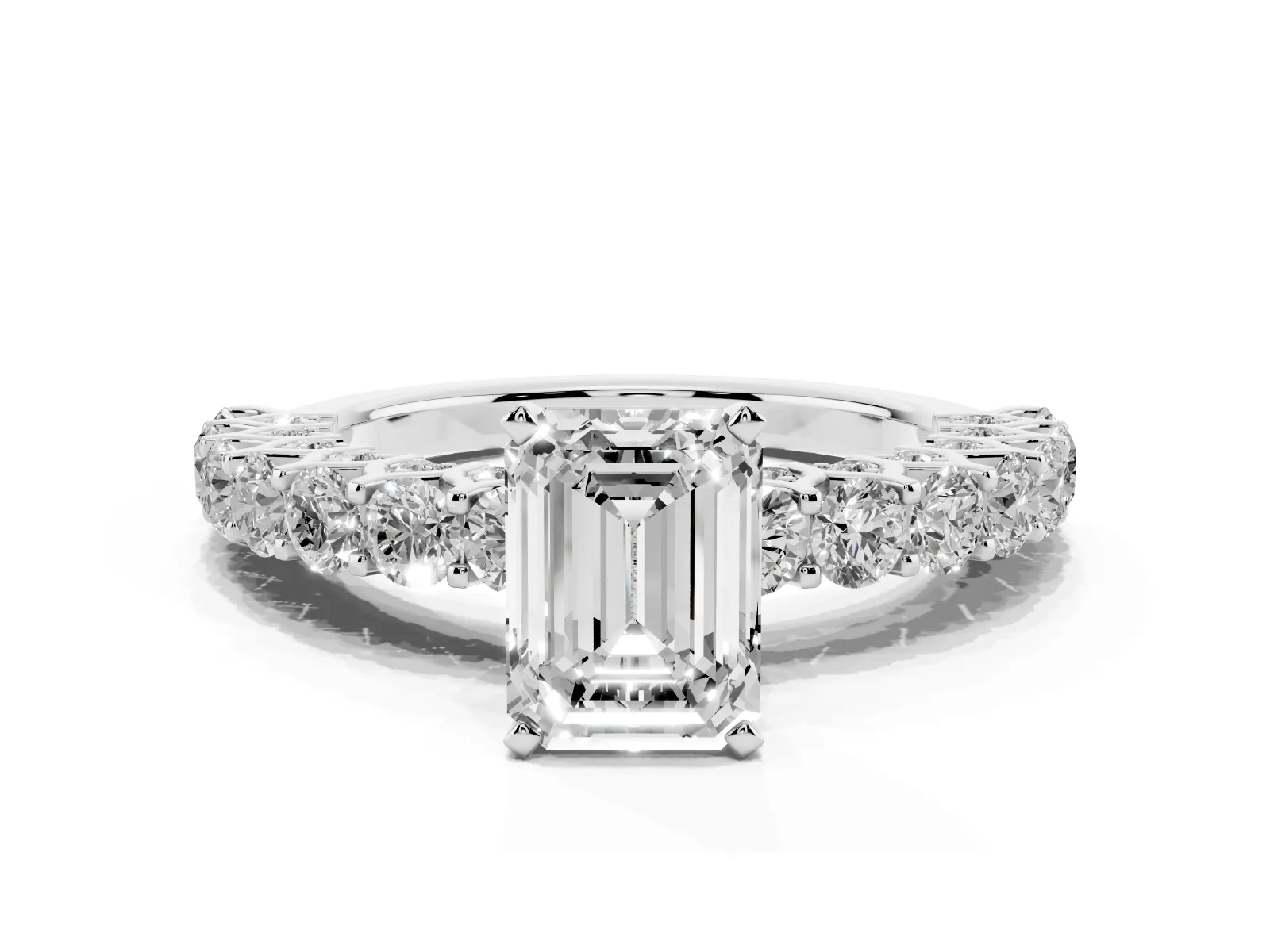 Emerald Cut Diamond Solitaire Ring with Shared Prong Pavé Band and Four-Prong Setting White gold