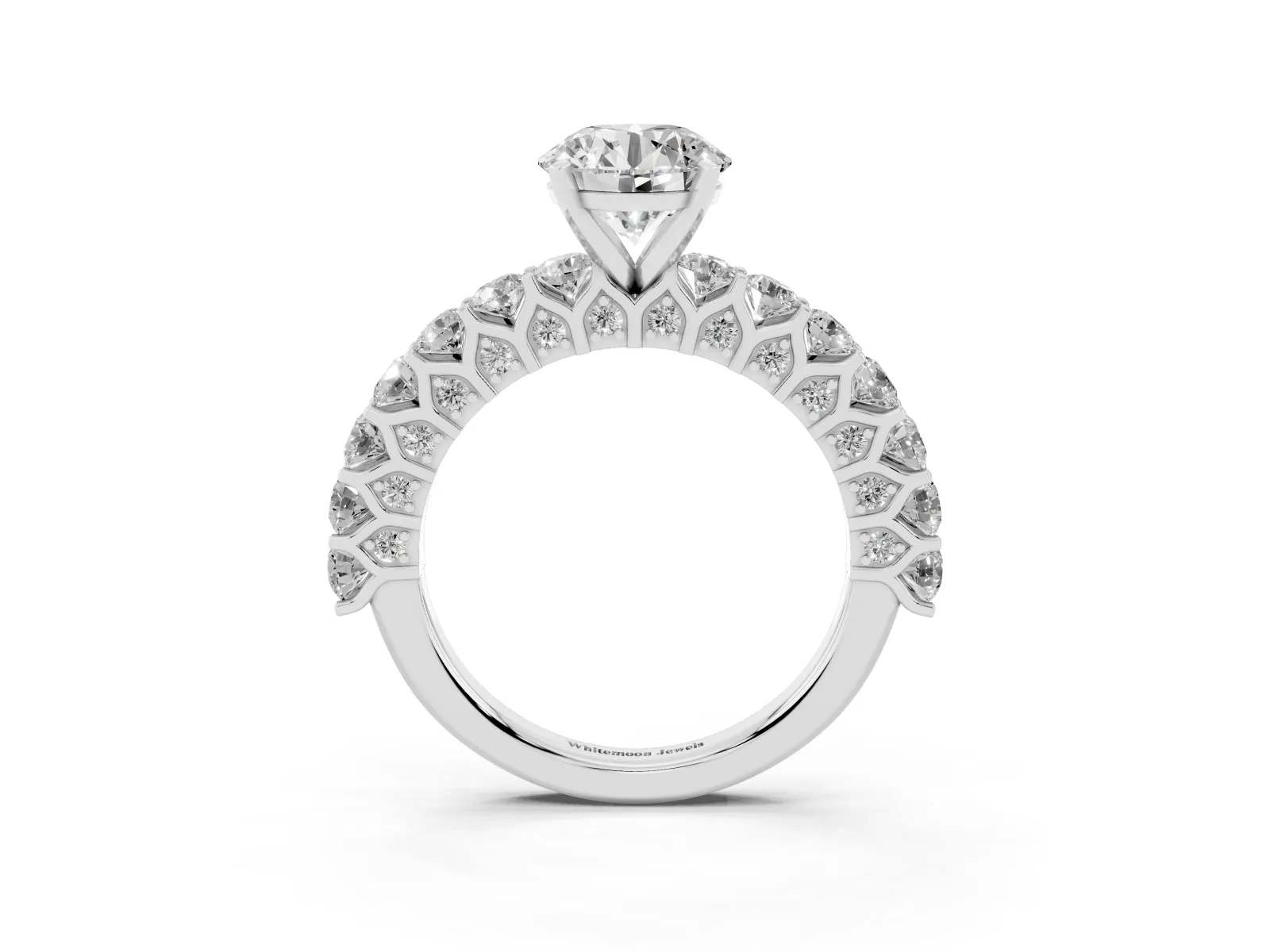 Round Cut Diamond Solitaire Ring with Shared Prong Pavé Band and Four-Prong Setting White gold