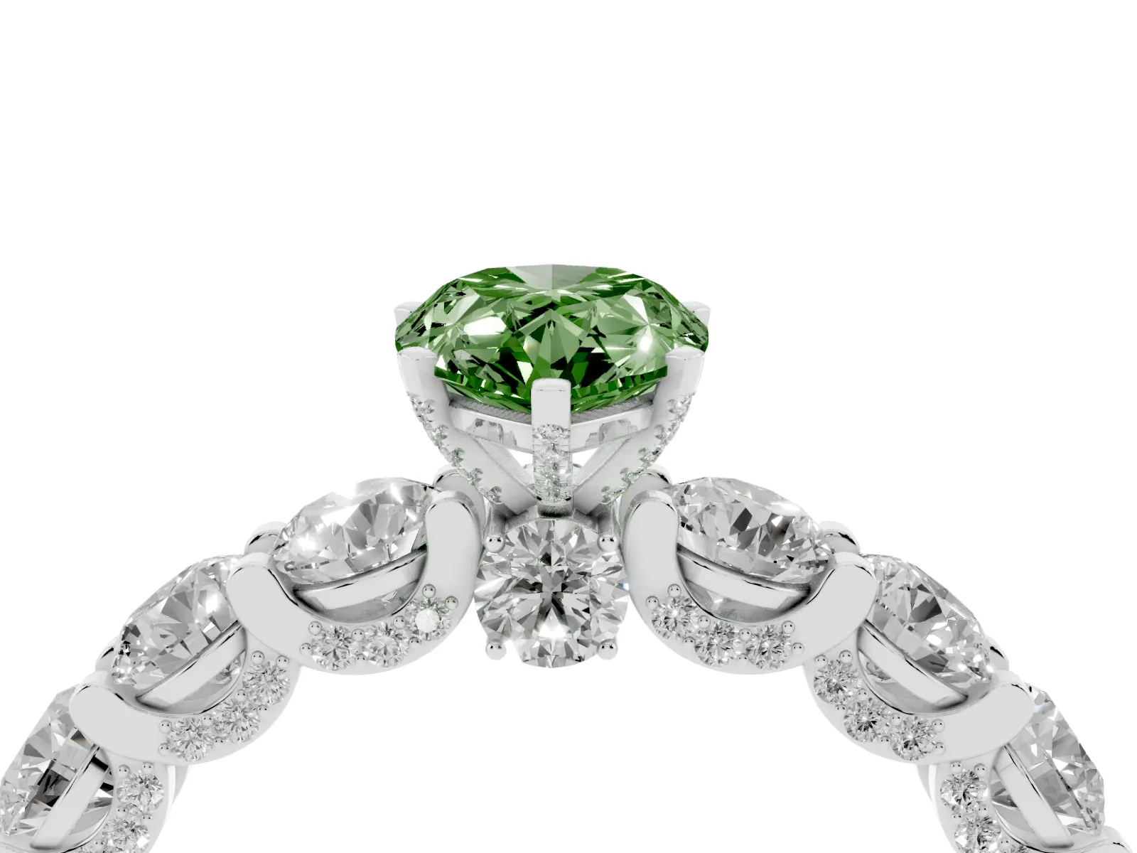 Fancy Green Pear Cut Diamond Side Stone Engagement Ring with Four-Prong Setting Platinum