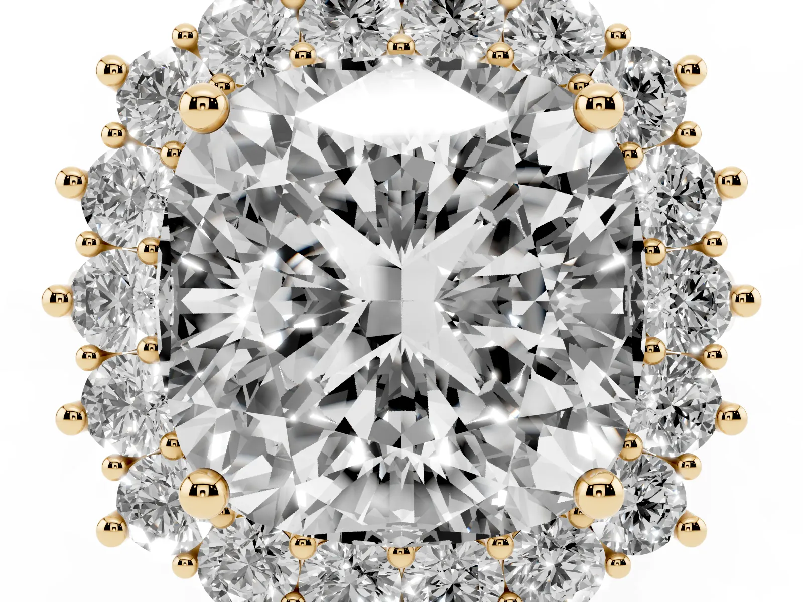 Cushion Diamond Halo Engagement Ring with Round Diamond Accents Yellow gold