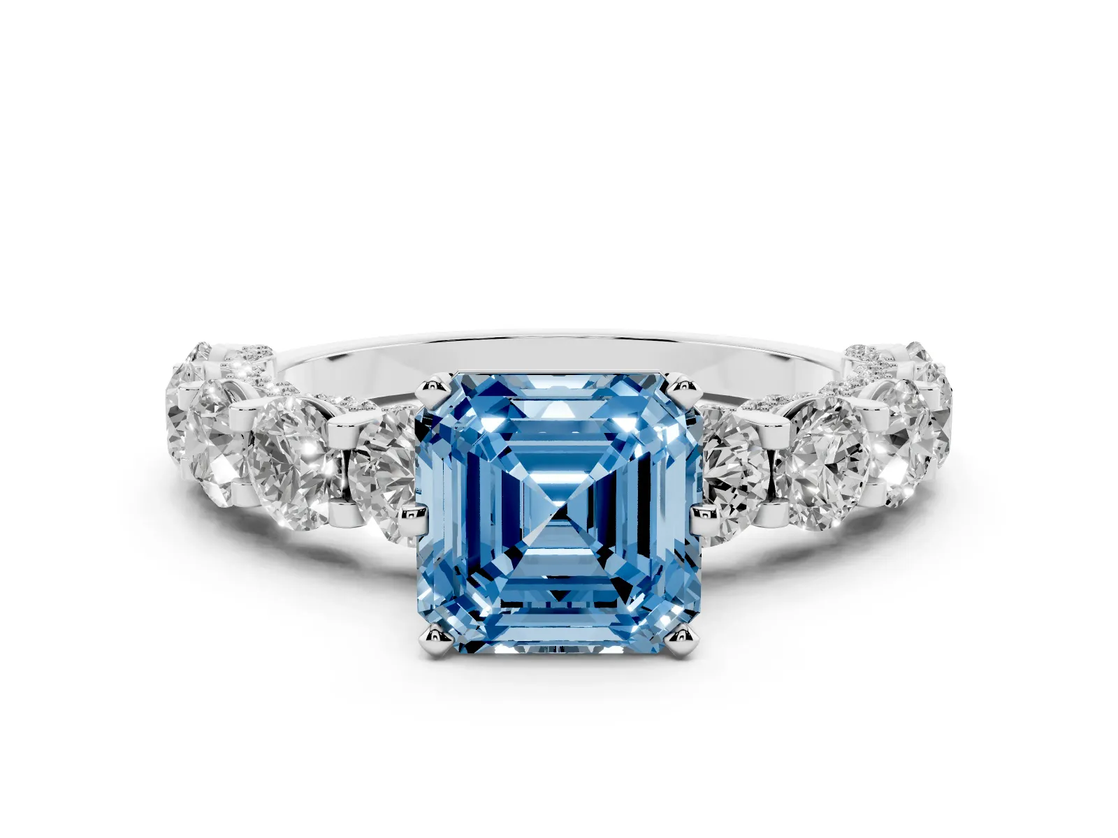 Fancy Blue Asscher Cut Diamond Side Stone Engagement Ring with Four-Prong Setting White gold
