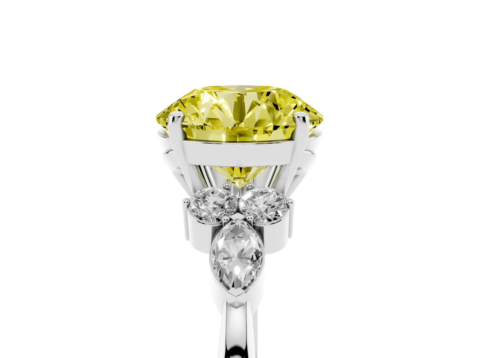 Fancy Yellow Round Cut Brilliant Diamond Solitaire Ring with Pear Side Stones and Four-Prong Setting Platinum