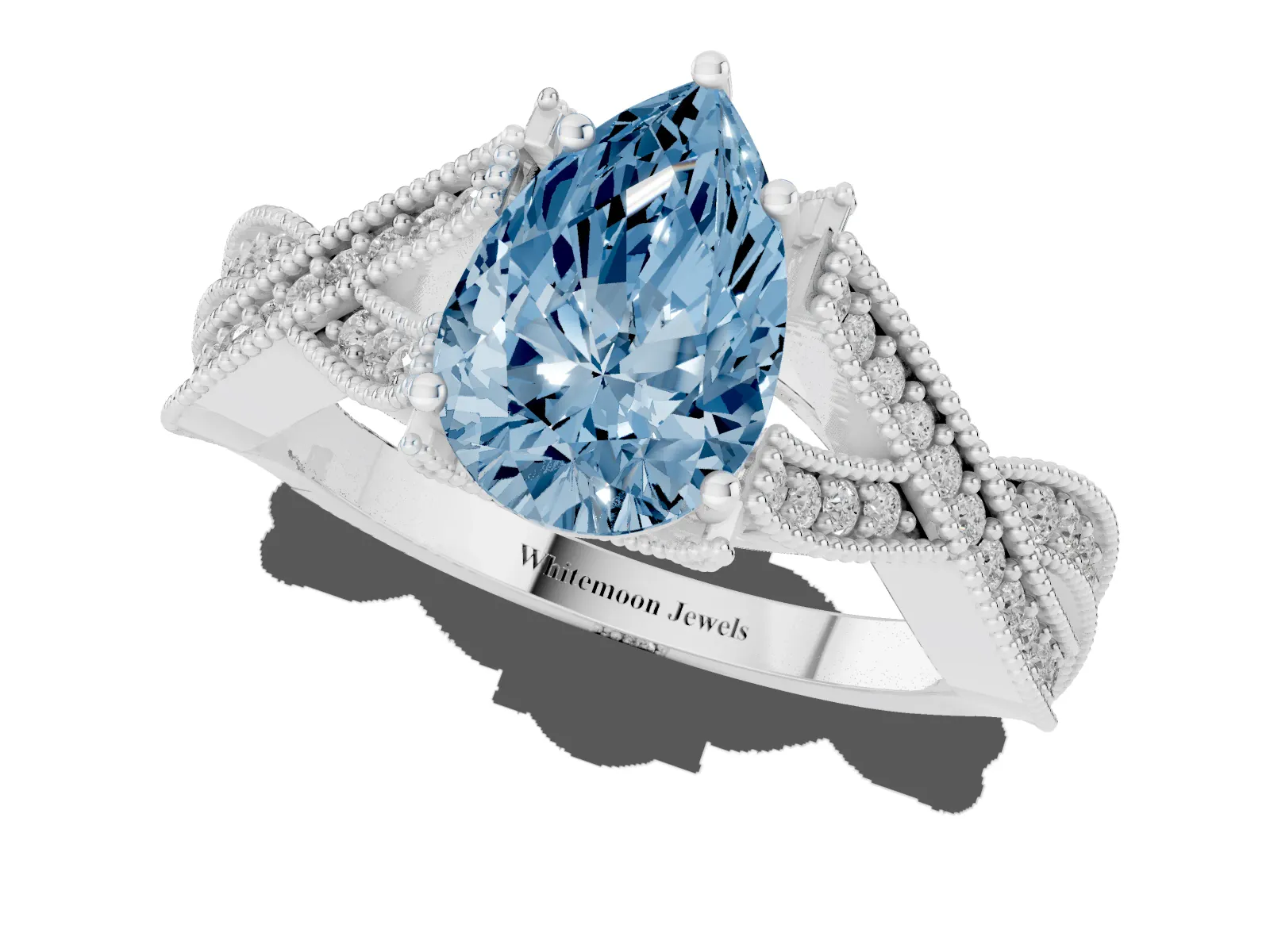Fancy Blue Pear Cut Cut Diamond Twisted Band with Milgrain Pave Setting and Four-Prong Setting Platinum