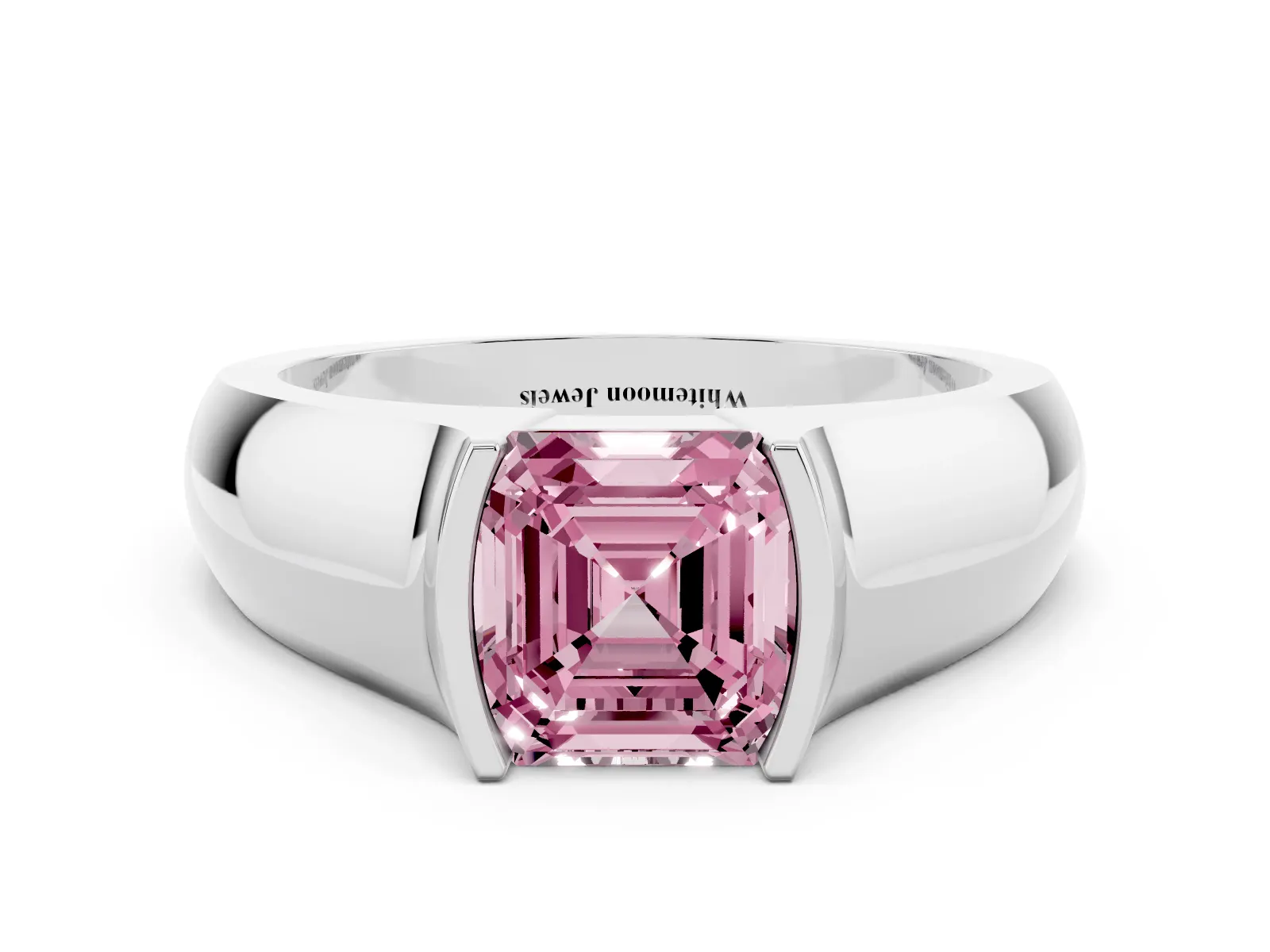 Fancy Pink Asscher Cut Solitaire Bezel Set Diamond Ring with Wide Band Platinum