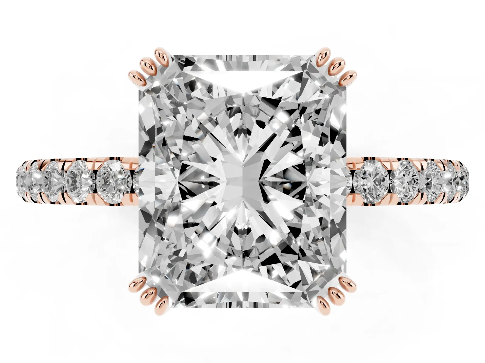 Radiant Cut Brilliant Solitaire with Pavé Band and Claw Prong Setting Rose gold