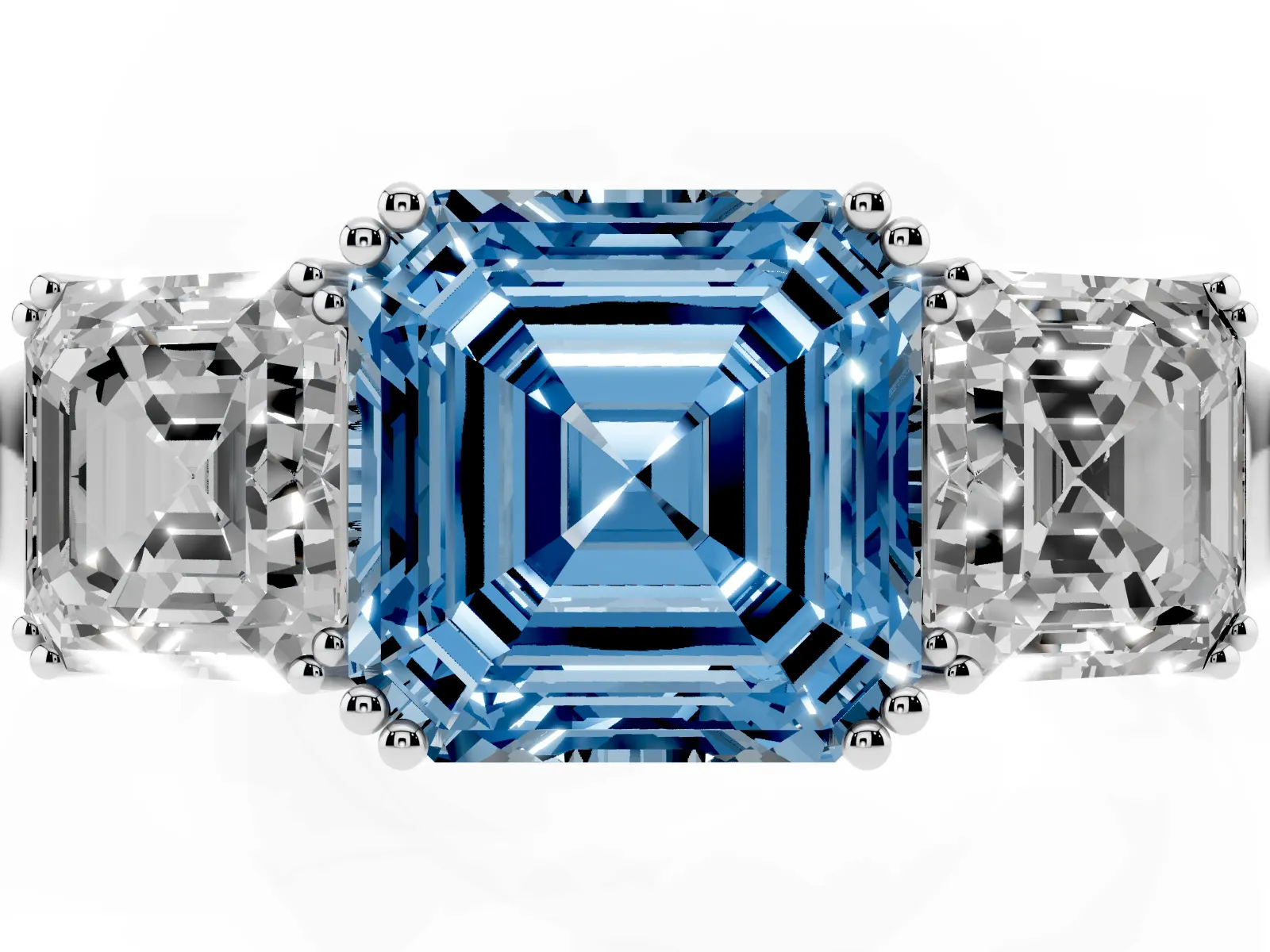Fancy Blue Three-Stone Asscher Cut Cut Diamond Ring with Channel Set Band and Four-Prong Setting White gold
