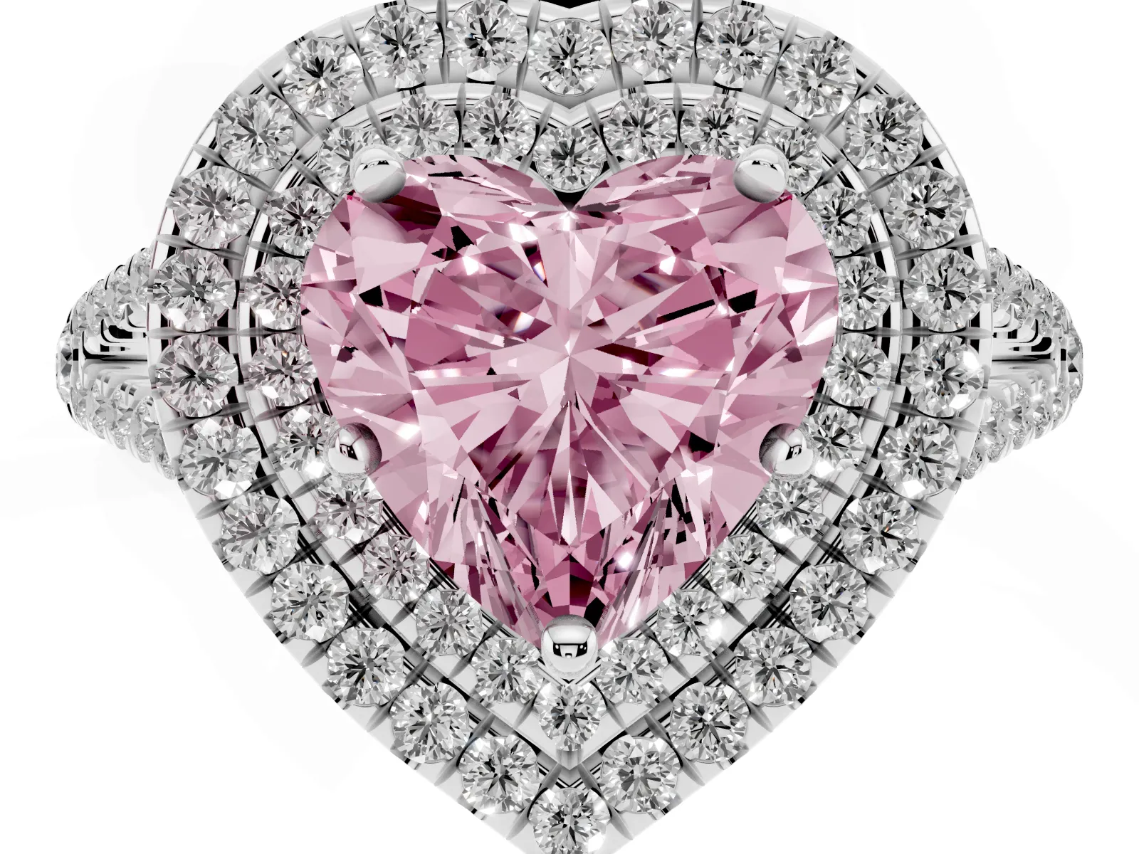 Fancy Pink Heart Cut Diamond Double Halo Ring with Pavé Band and Prong Setting Platinum