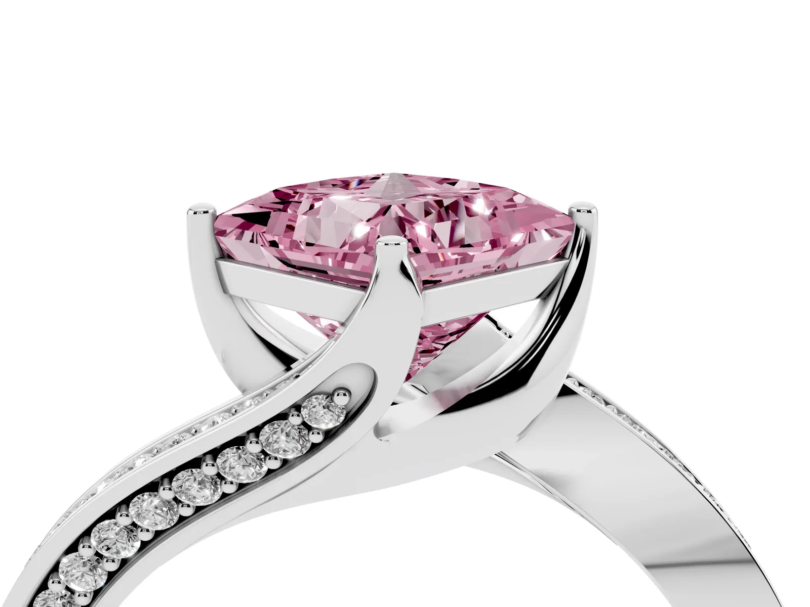 Fancy Pink Princess Cut Solitaire Diamond Twist Band with Pavé Setting and Four-Prong Setting Platinum