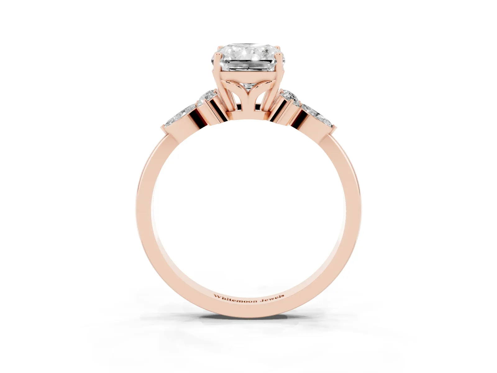Radiant Cut Brilliant Diamond Solitaire Ring with Pear Side Stones and Four-Prong Setting Rose gold