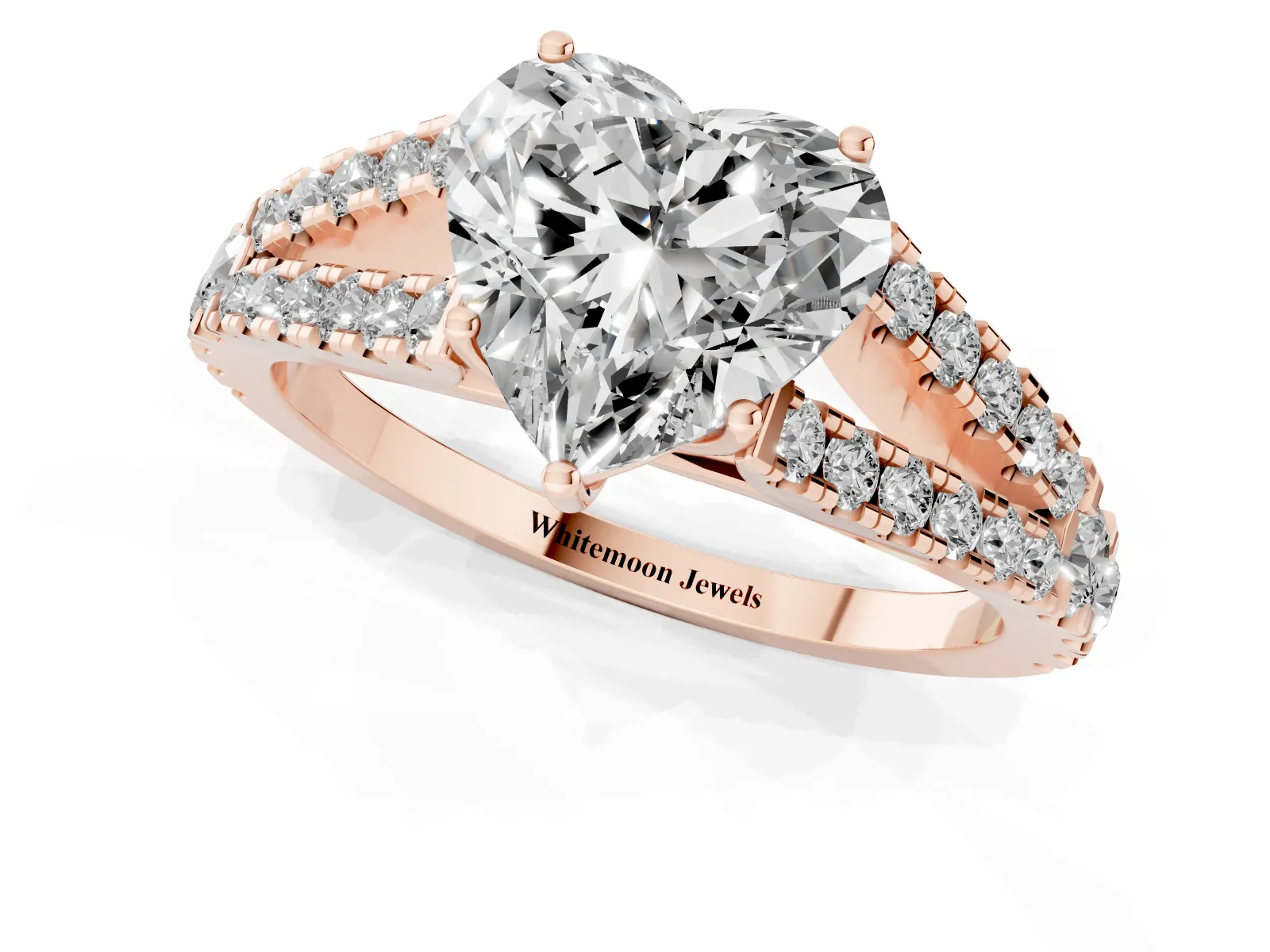 Heart Cut Diamond Split Shank Engagement Ring with Round Pavé and Prong Setting Rose gold