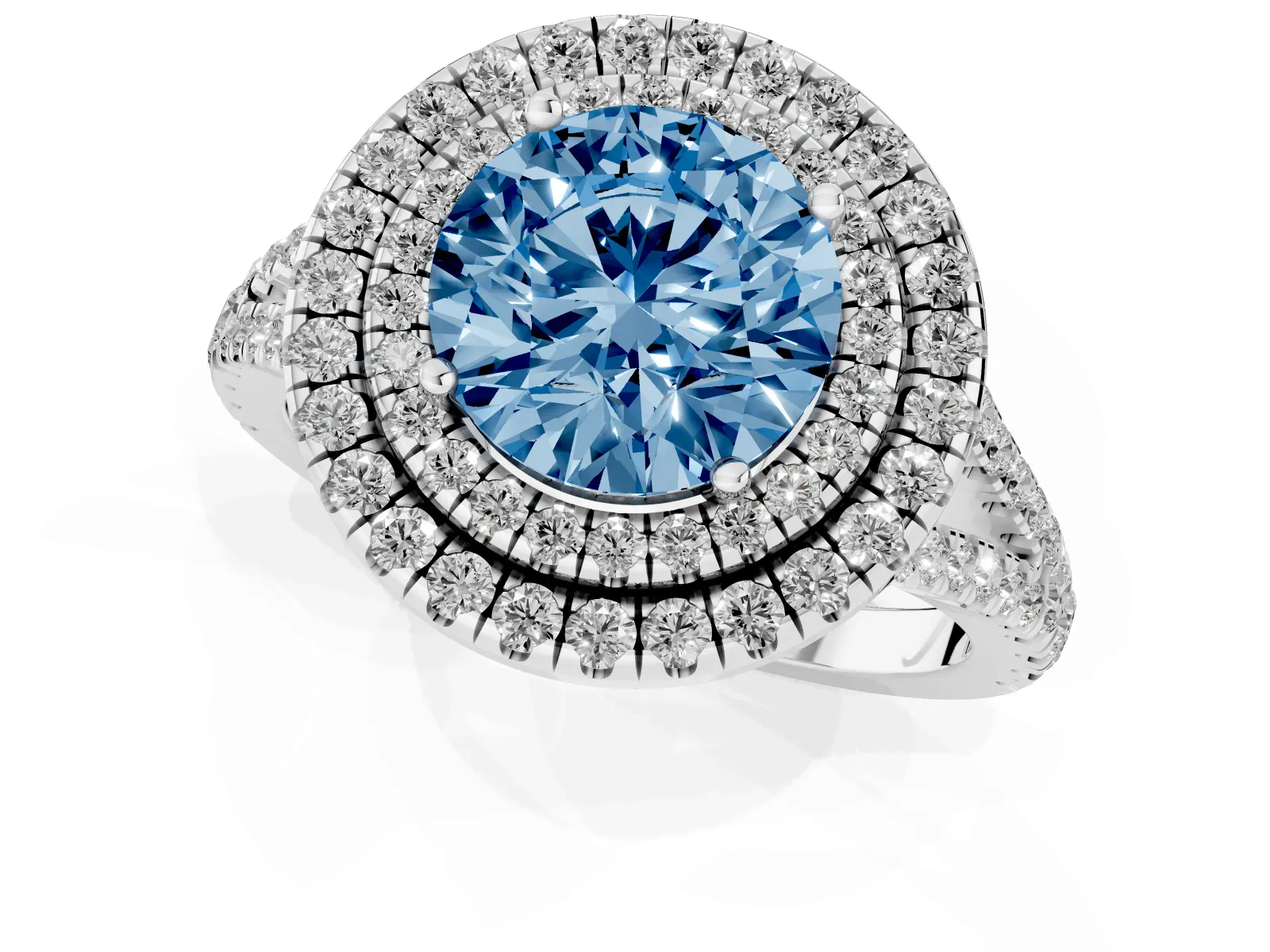 Fancy Blue Round Cut Diamond Double Halo Ring with Pavé Band and Prong Setting Platinum
