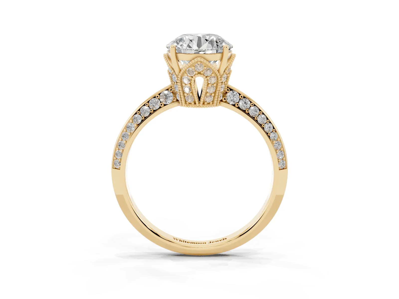 Round Cut Solitaire Split Shank Pave Diamond Engagement Ring with Four-Prong Setting Yellow gold