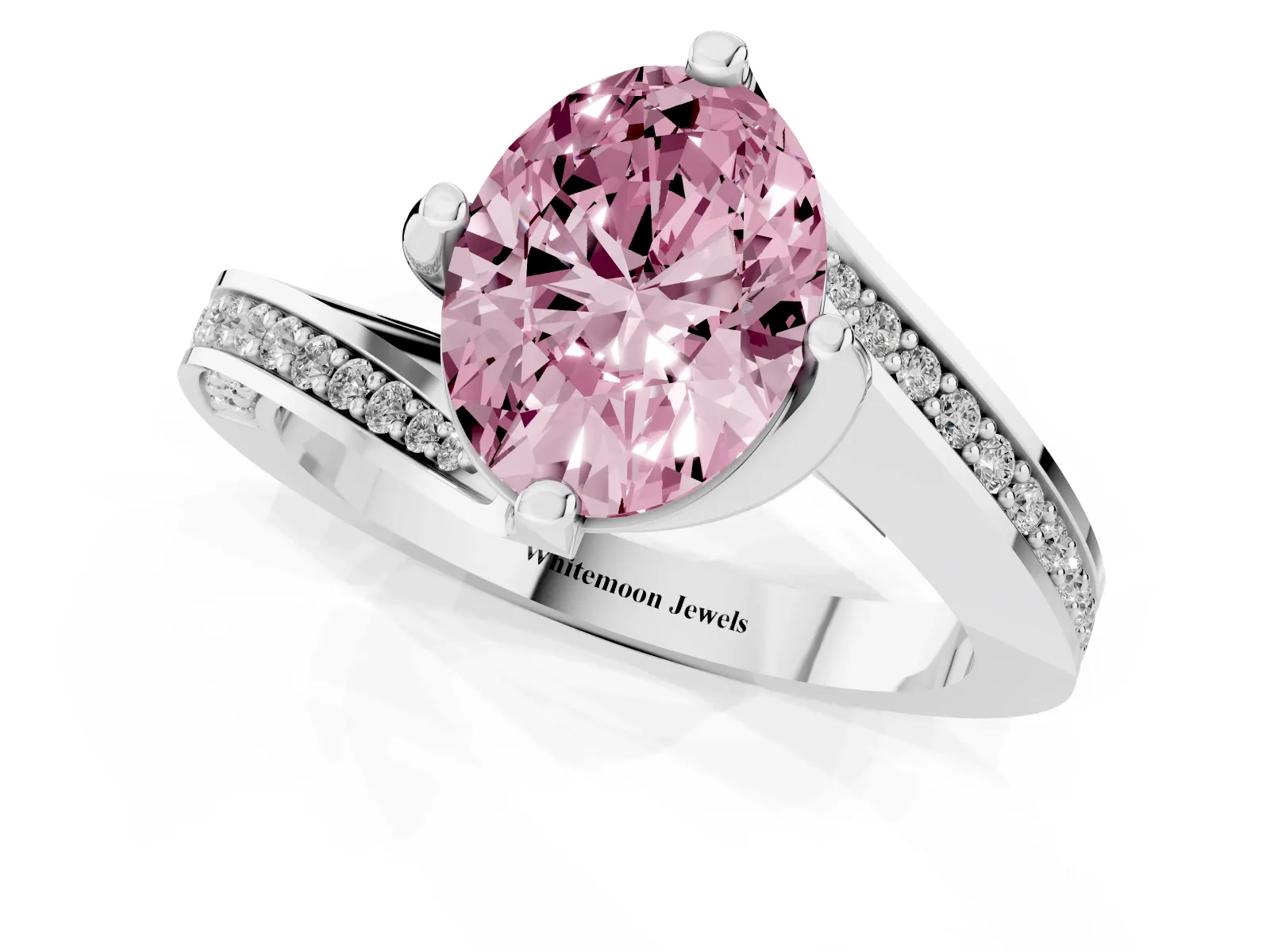 Fancy Pink Oval Cut Solitaire Diamond Twist Band with Pavé Setting and Four-Prong Setting Platinum