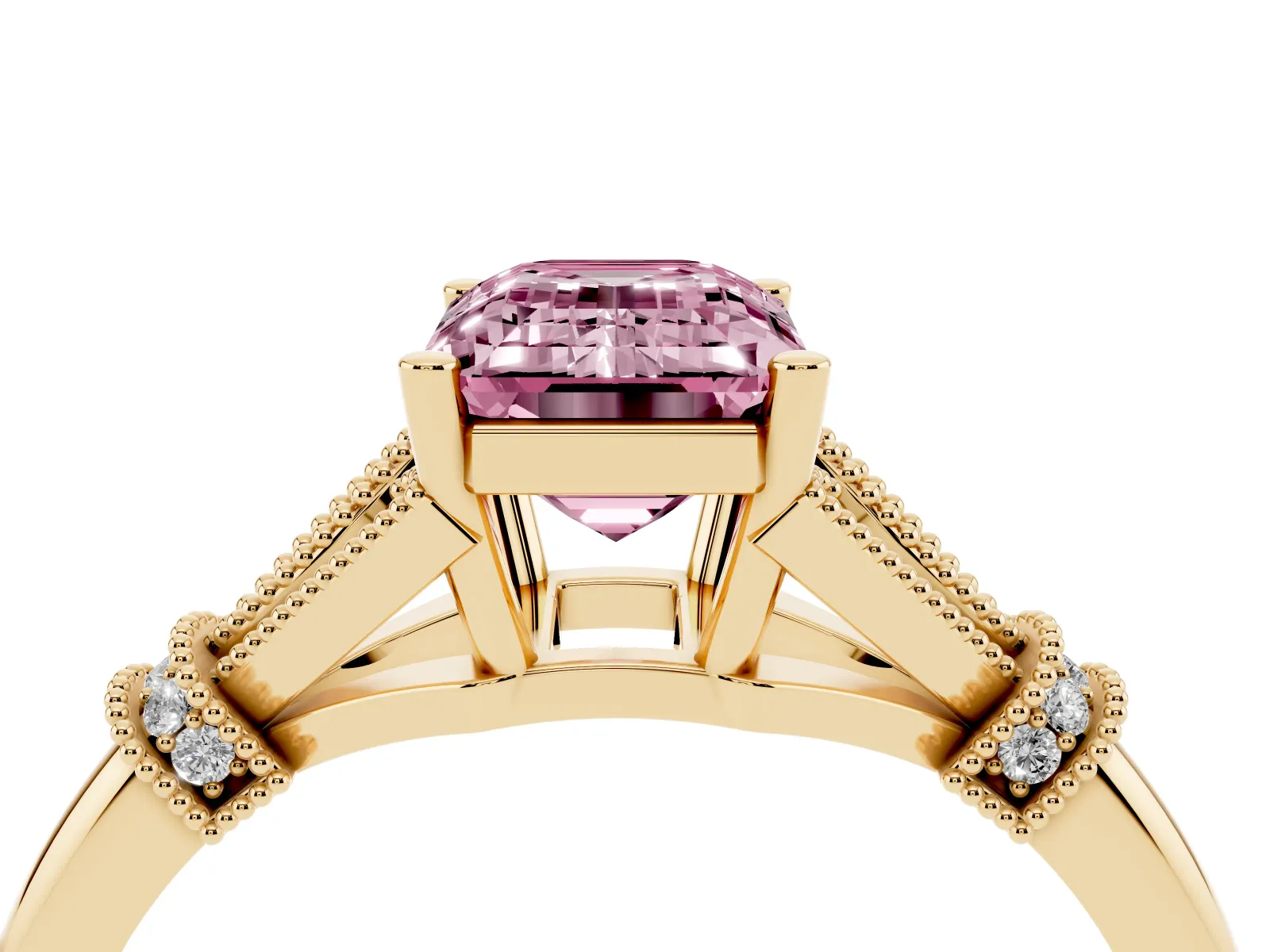 Fancy Pink Emerald Cut Diamond Solitaire Ring with Floral Filigree and Pave Accents Yellow gold