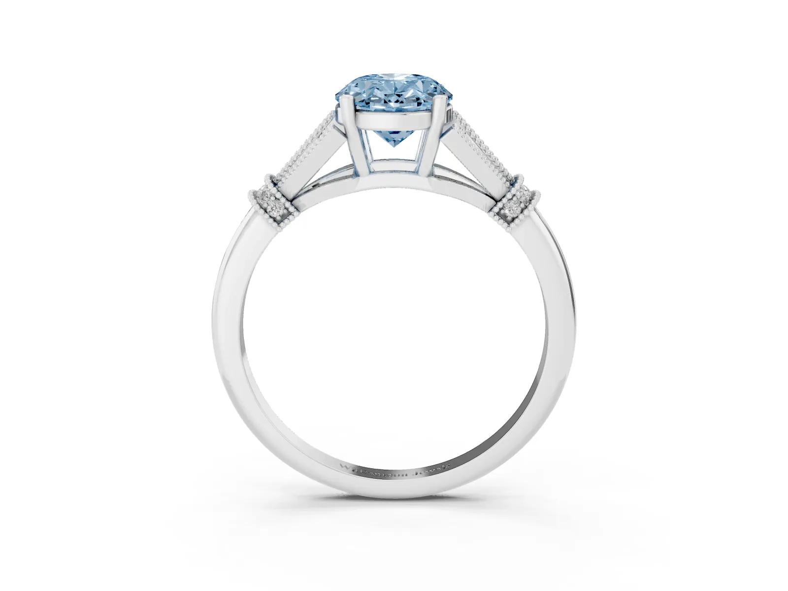 Fancy Blue Oval Cut Diamond Solitaire Ring with Floral Filigree and Pave Accents White gold