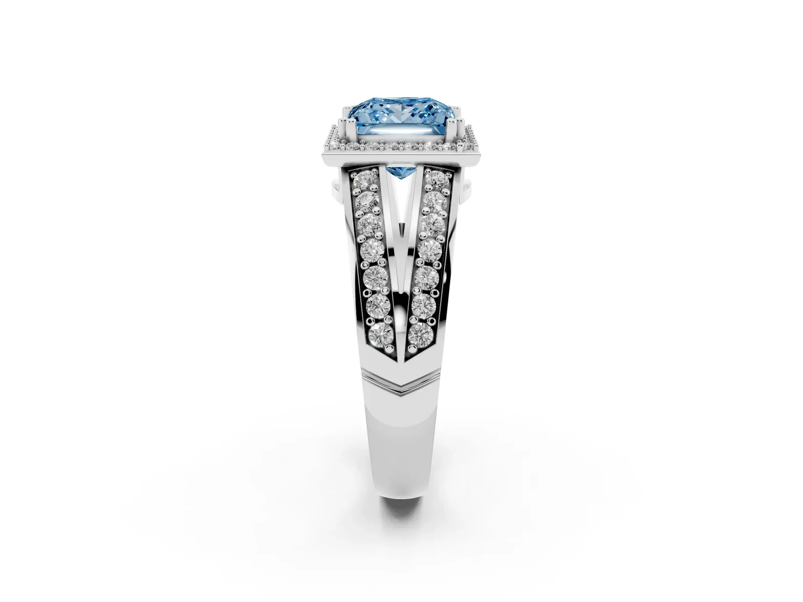 Fancy Blue Princess Cut Diamond Halo Ring with Split Shank Pavé Band and Four-Prong Setting Platinum
