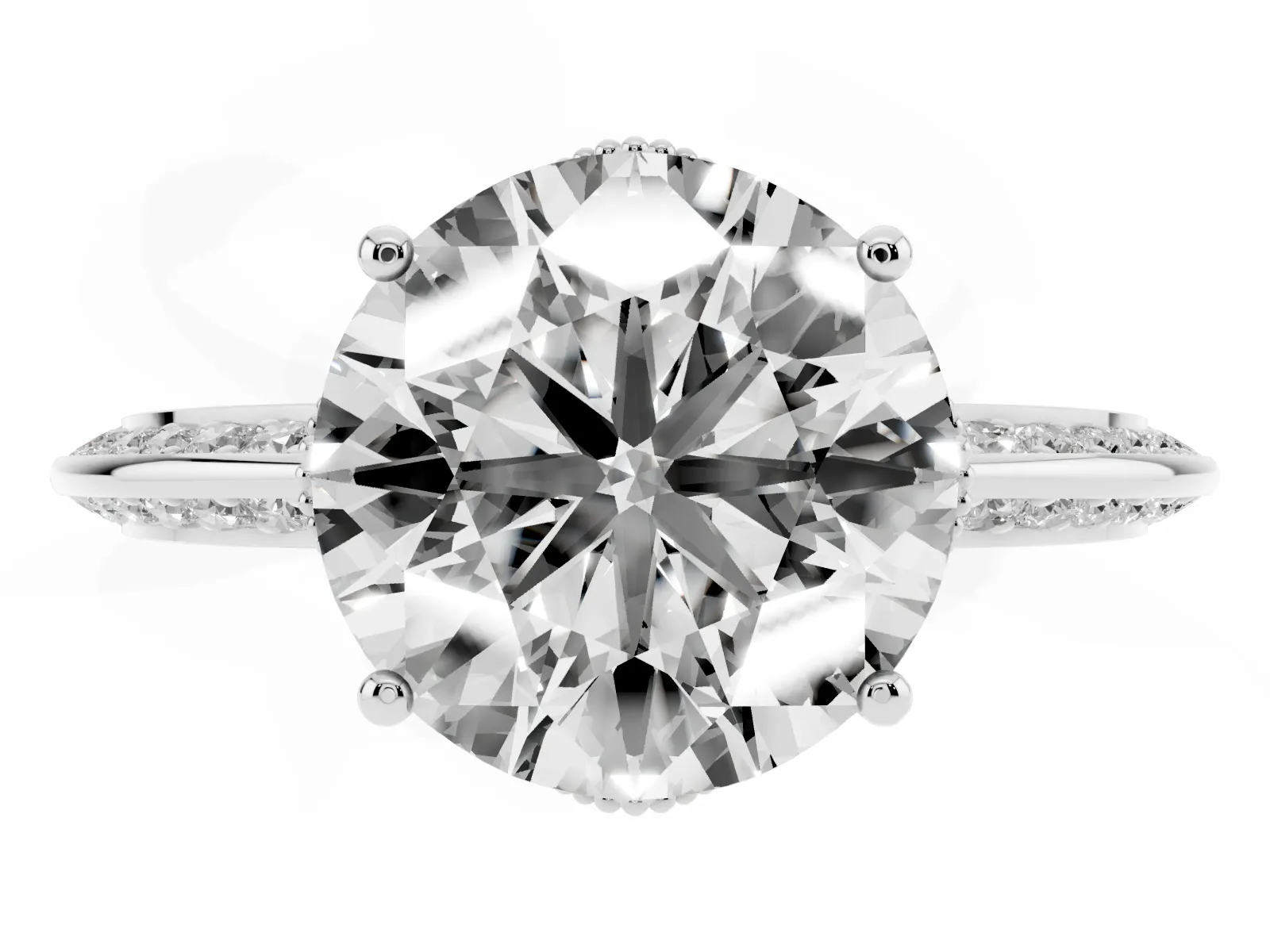 Round Cut Solitaire Split Shank Pave Diamond Engagement Ring with Four-Prong Setting Silver