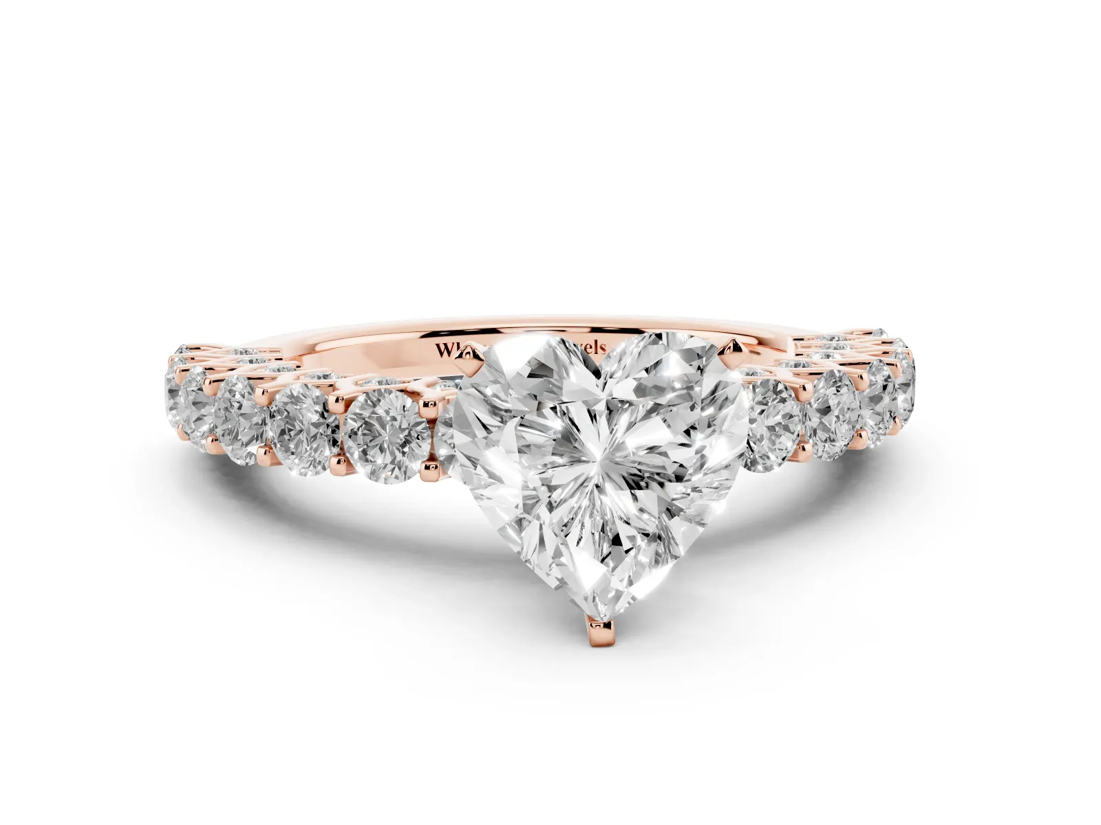 Heart Cut Diamond Solitaire Ring with Shared Prong Pavé Band and Four-Prong Setting Rose gold