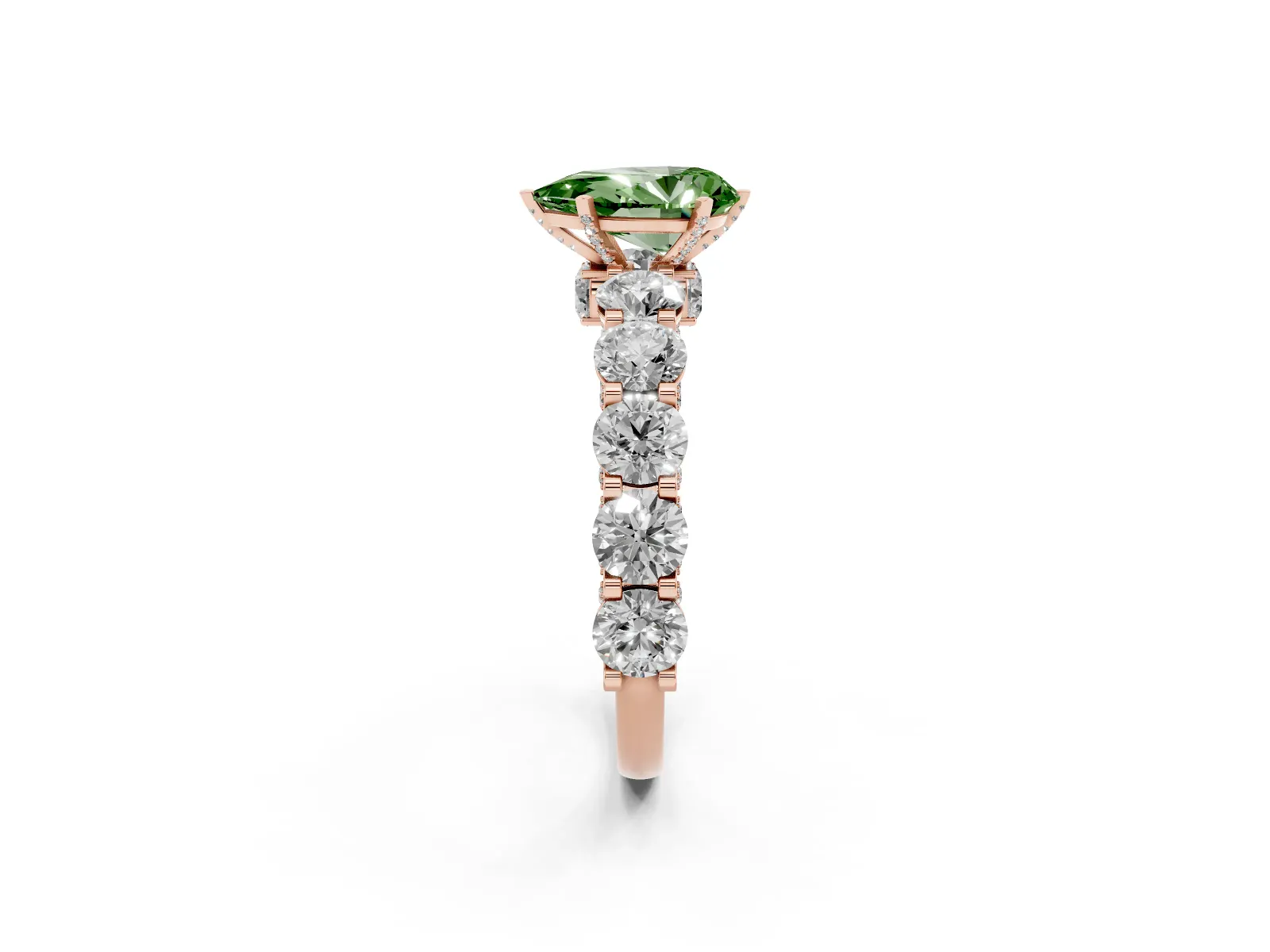 Fancy Green Pear Cut Diamond Side Stone Engagement Ring with Four-Prong Setting Rose gold