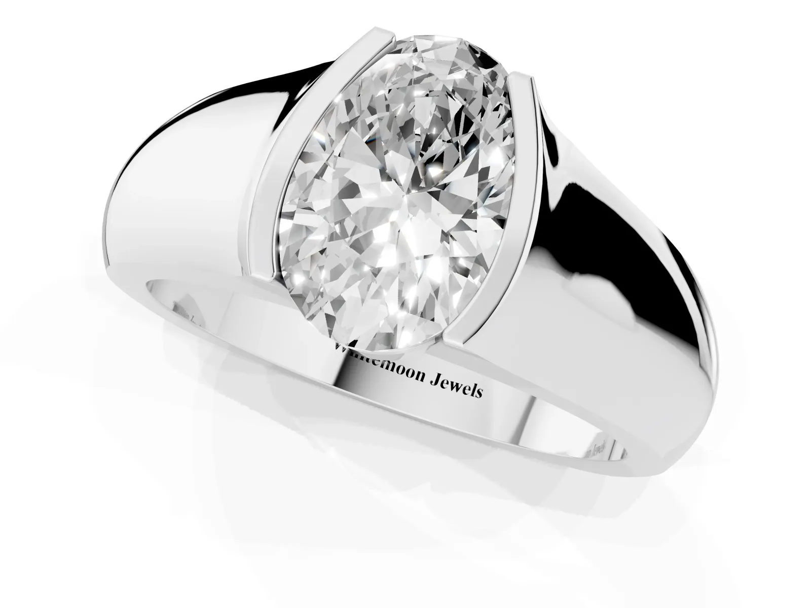 Oval Cut Solitaire Bezel Set Diamond Ring with Wide Band Platinum