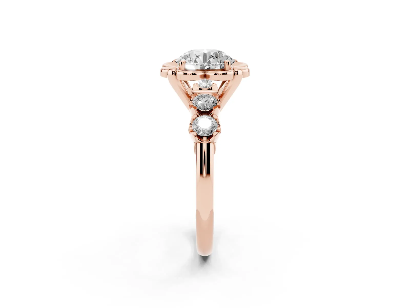 Round Cut Cut Diamond Floral Halo Engagement Ring with Shared Prong Setting Rose gold