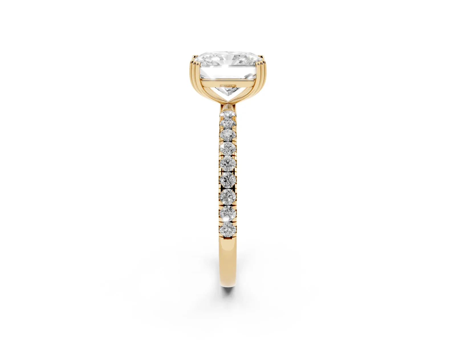 Radiant Cut Brilliant Solitaire with Pavé Band and Claw Prong Setting Yellow gold