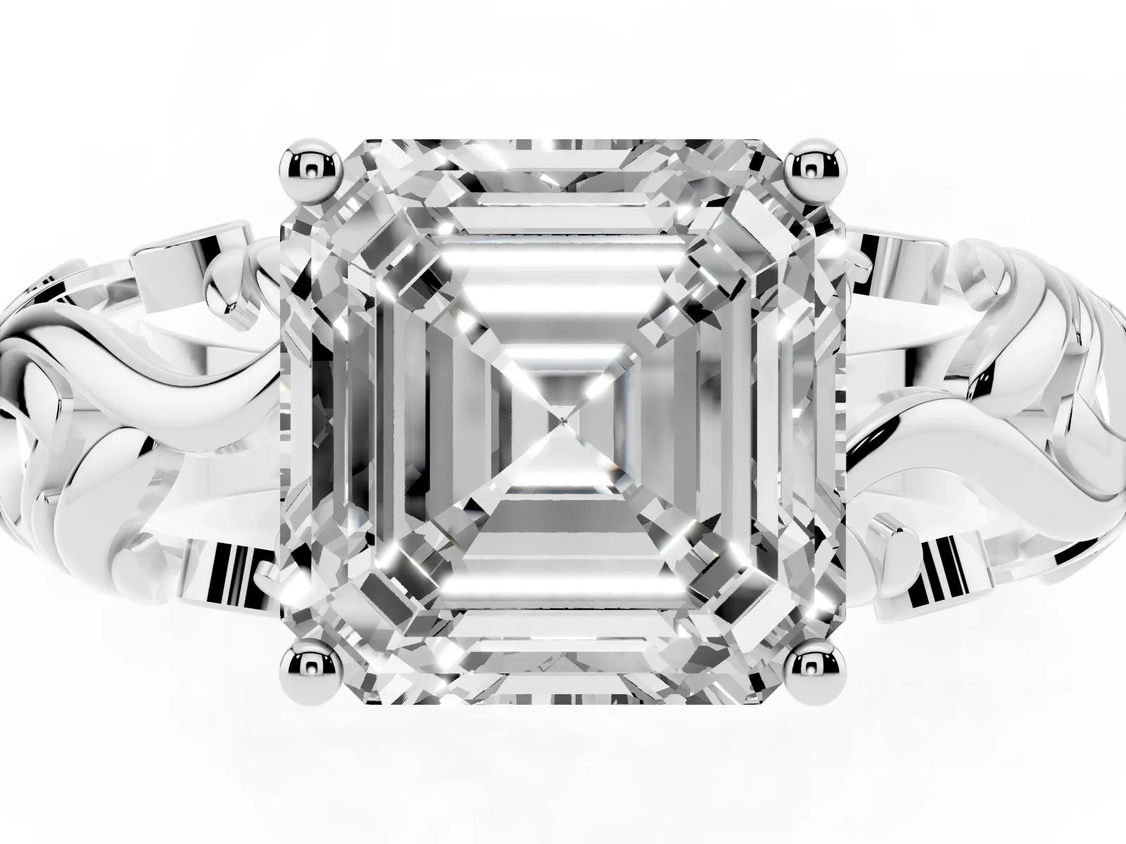 Asscher Cut Solitaire Diamond Leaf-Inspired Vine Band Ring with Prong Setting Silver