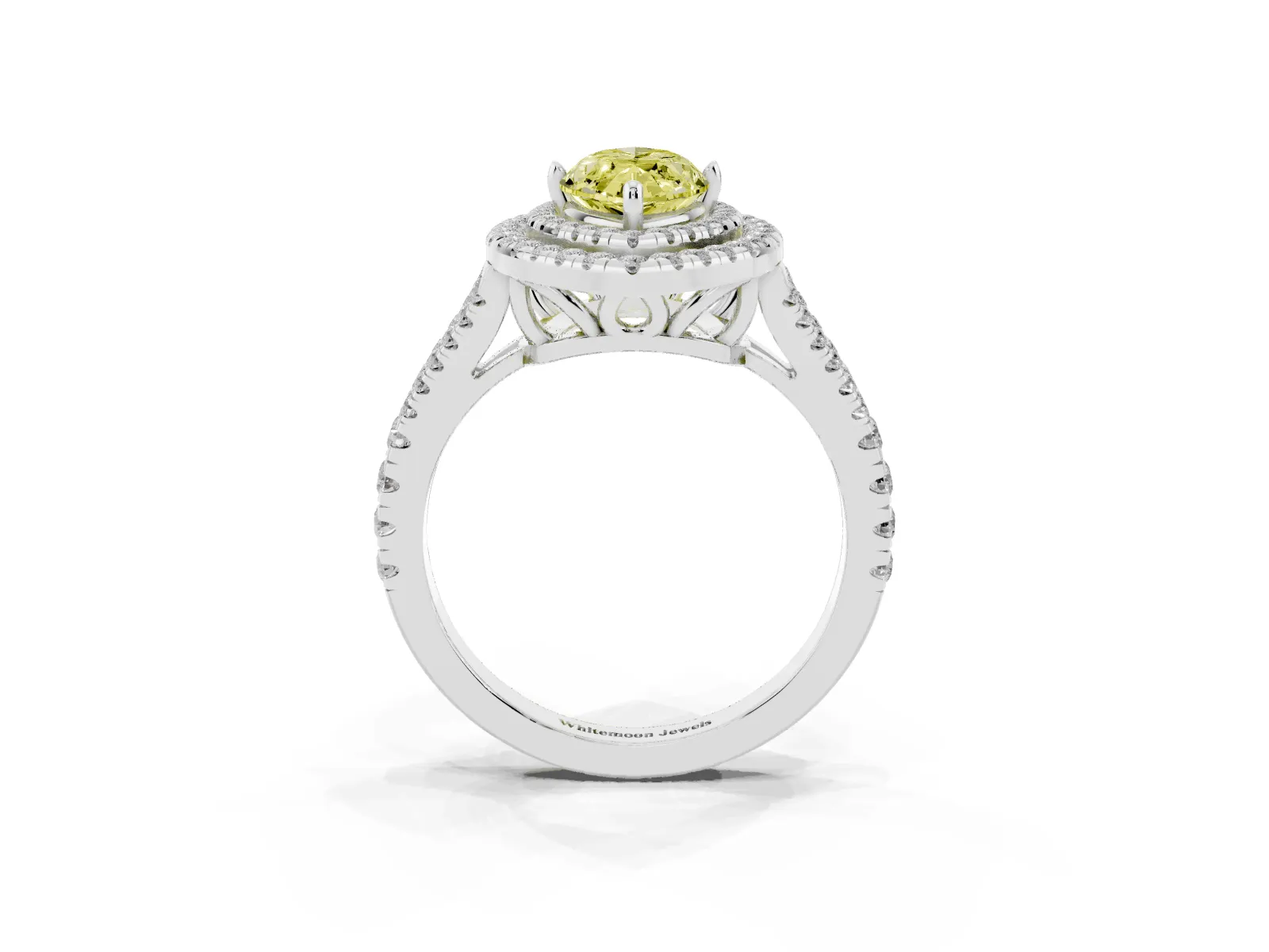 Fancy Yellow Marquise Cut Diamond Double Halo Ring with Pavé Band and Prong Setting Platinum