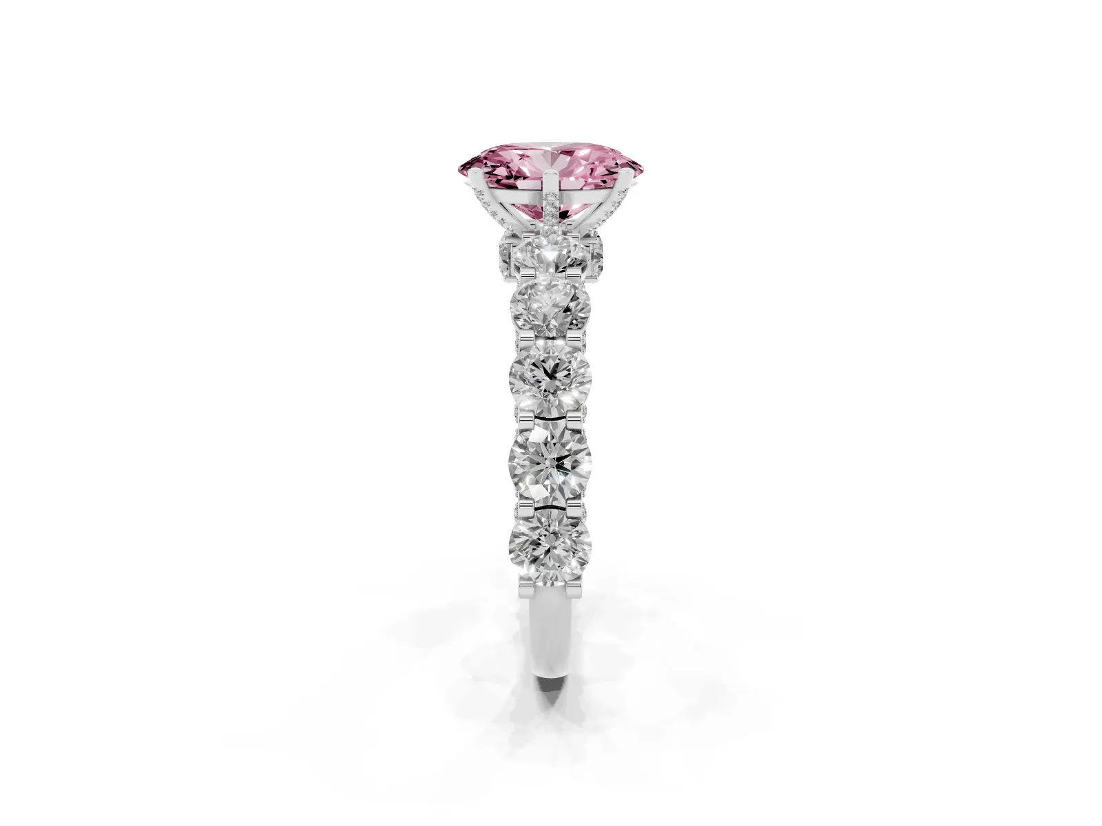 Fancy Pink Oval Cut Diamond Side Stone Engagement Ring with Four-Prong Setting Platinum