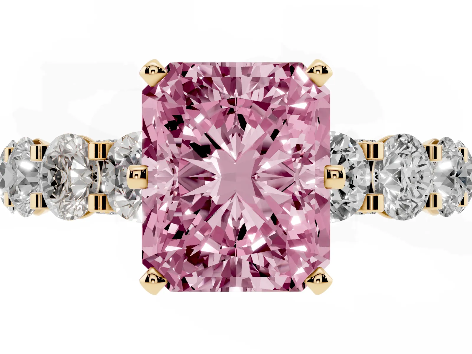 Fancy Pink Radiant Cut Diamond Side Stone Engagement Ring with Four-Prong Setting Yellow gold