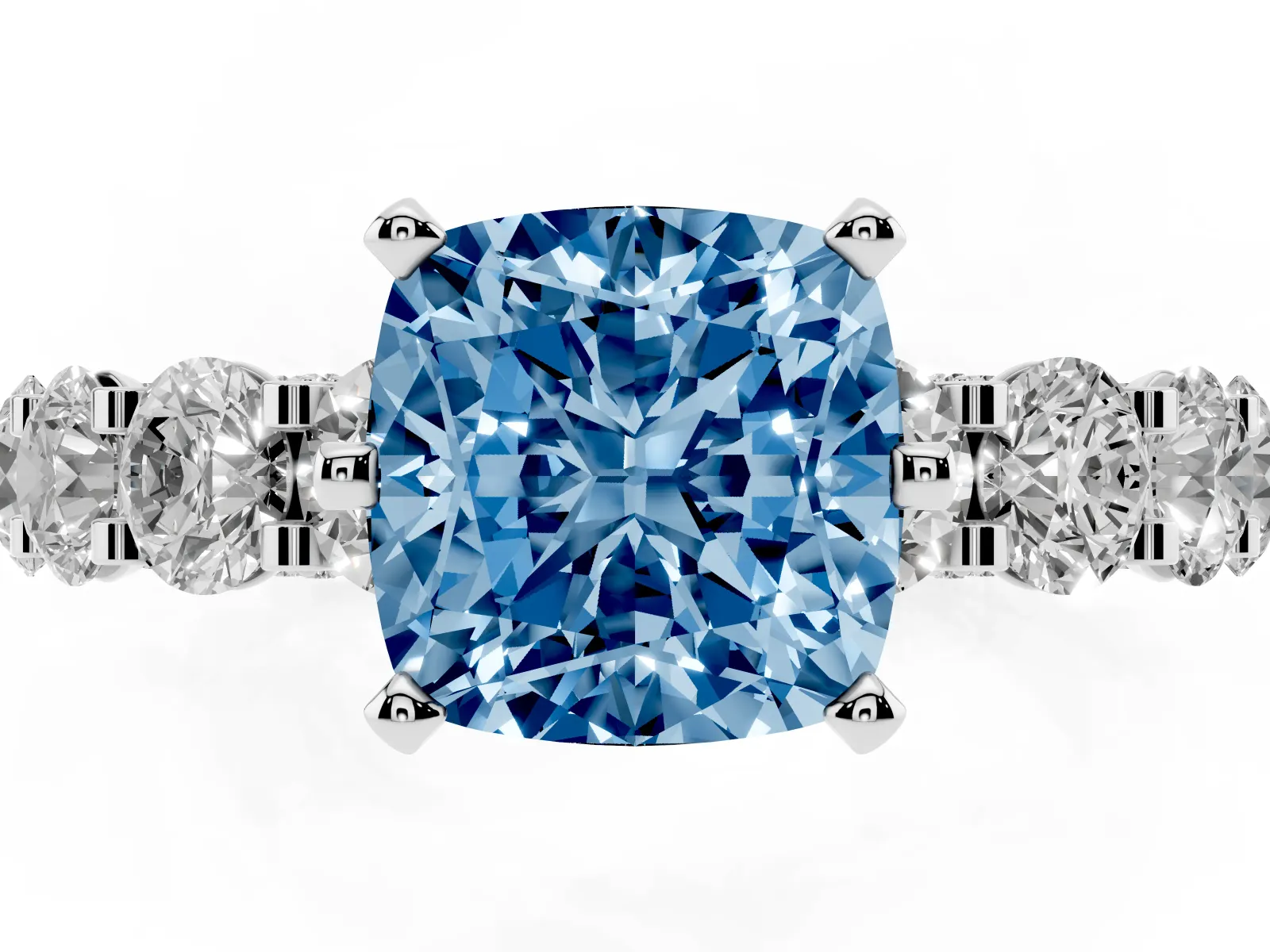 Fancy Blue Cushion Cut Diamond Side Stone Engagement Ring with Four-Prong Setting Platinum