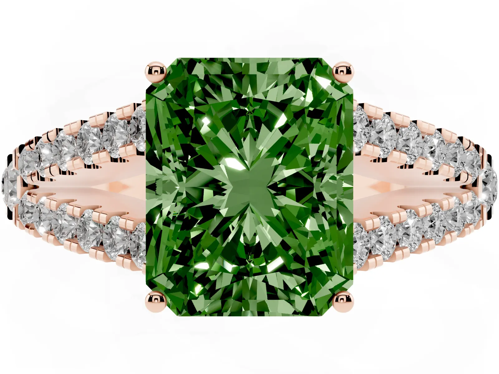 Fancy Green Radiant Cut Diamond Split Shank Engagement Ring with Round Pavé and Prong Setting Rose gold