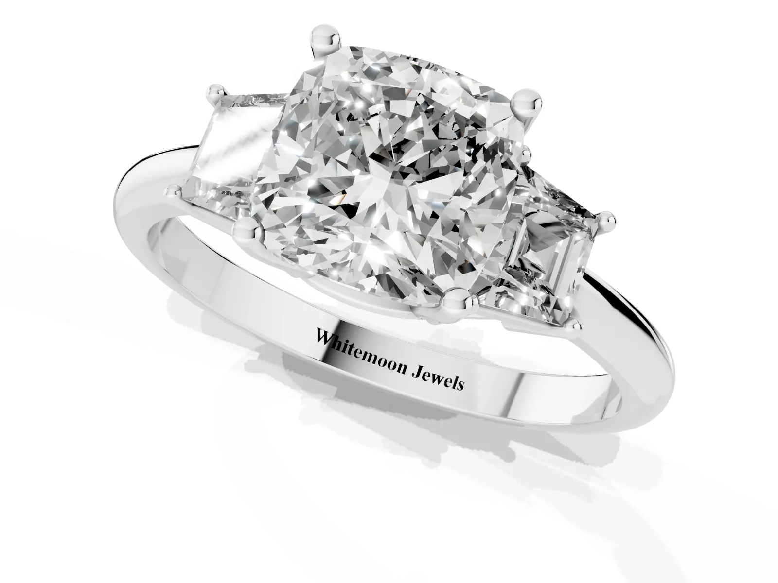 Cushion Cut Diamond Three-Stone Ring with Trapezoid Side Stones and Prong Setting Platinum