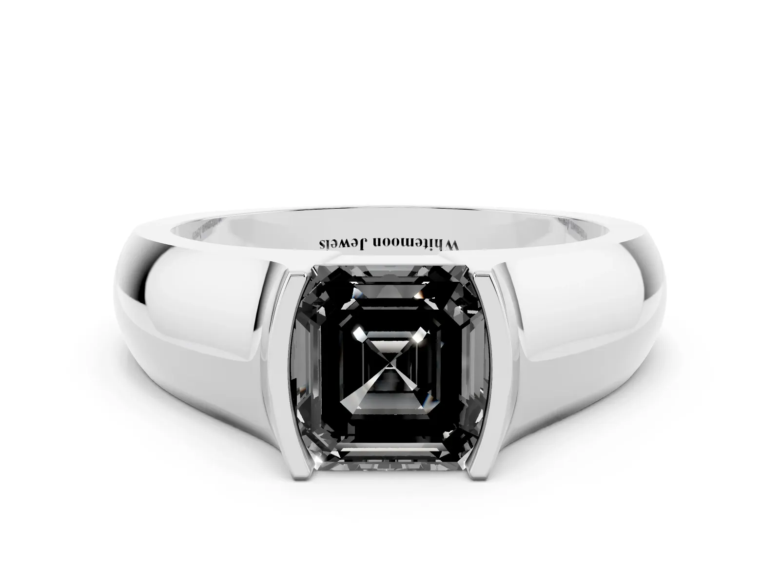 Fancy Black Asscher Cut Solitaire Bezel Set Diamond Ring with Wide Band Platinum